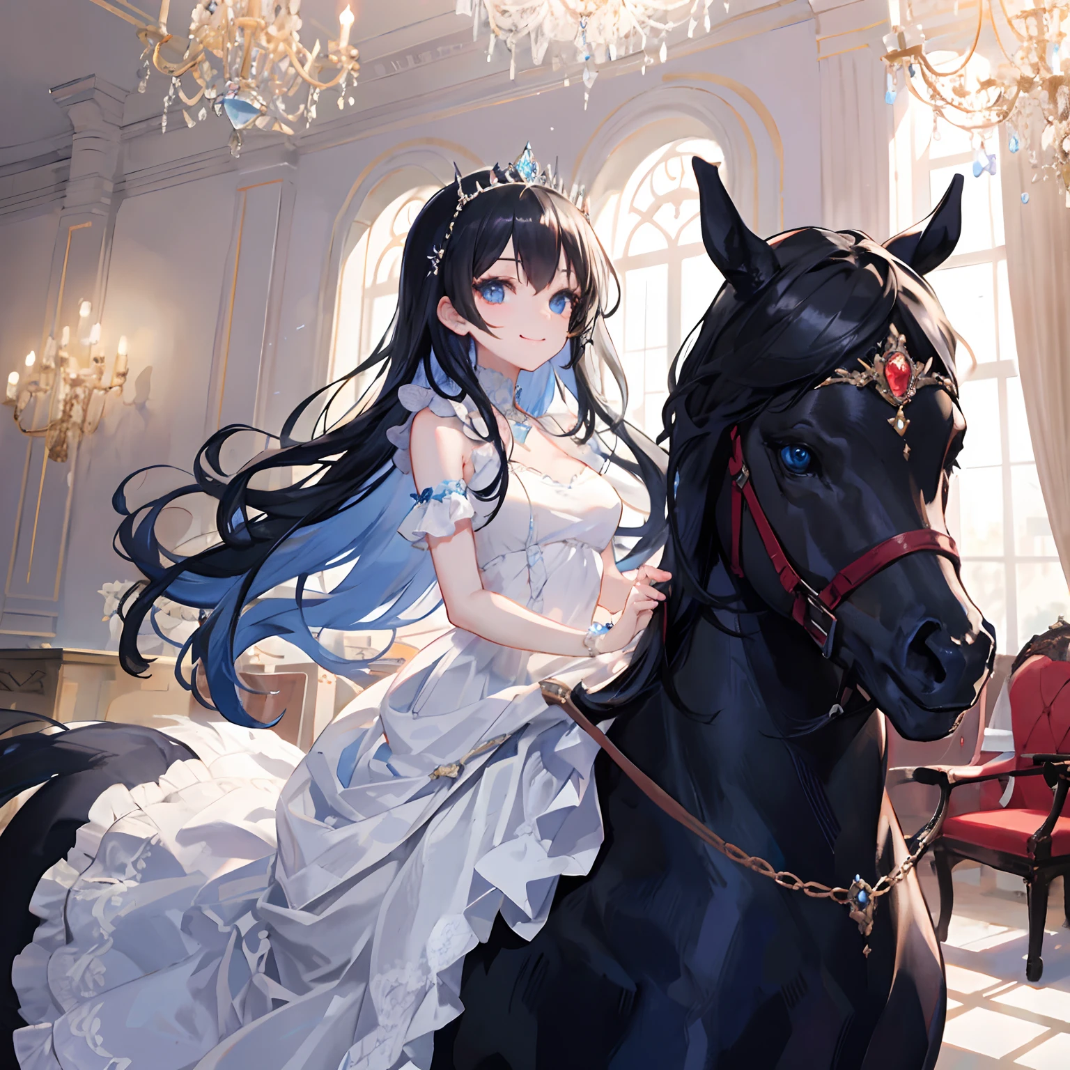 princess,smile,tiara,blue eyes,black hair,long hair,blue and white dress,ride a horse,chandelier
