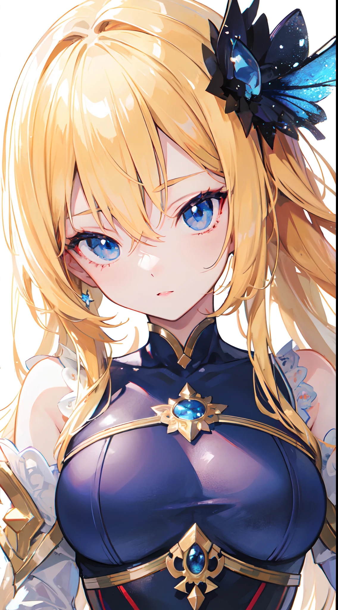 ((best quality)), ((masterpiece)), ((highres)), (best illumination, hyper detailed, detailed background), 1girl, solo, sharp face, cute expression, carismatic girl, dynamic angle, hair between the eyes, long hair, blonde hair, blue shining eyes 4 k, intense colors eyes, blue eyes, red eyeline, beautiful detailed eyes, detailed beautiful face, beautiful detailed clothes, anime art wallpaper 4 k, anime style 4 k,