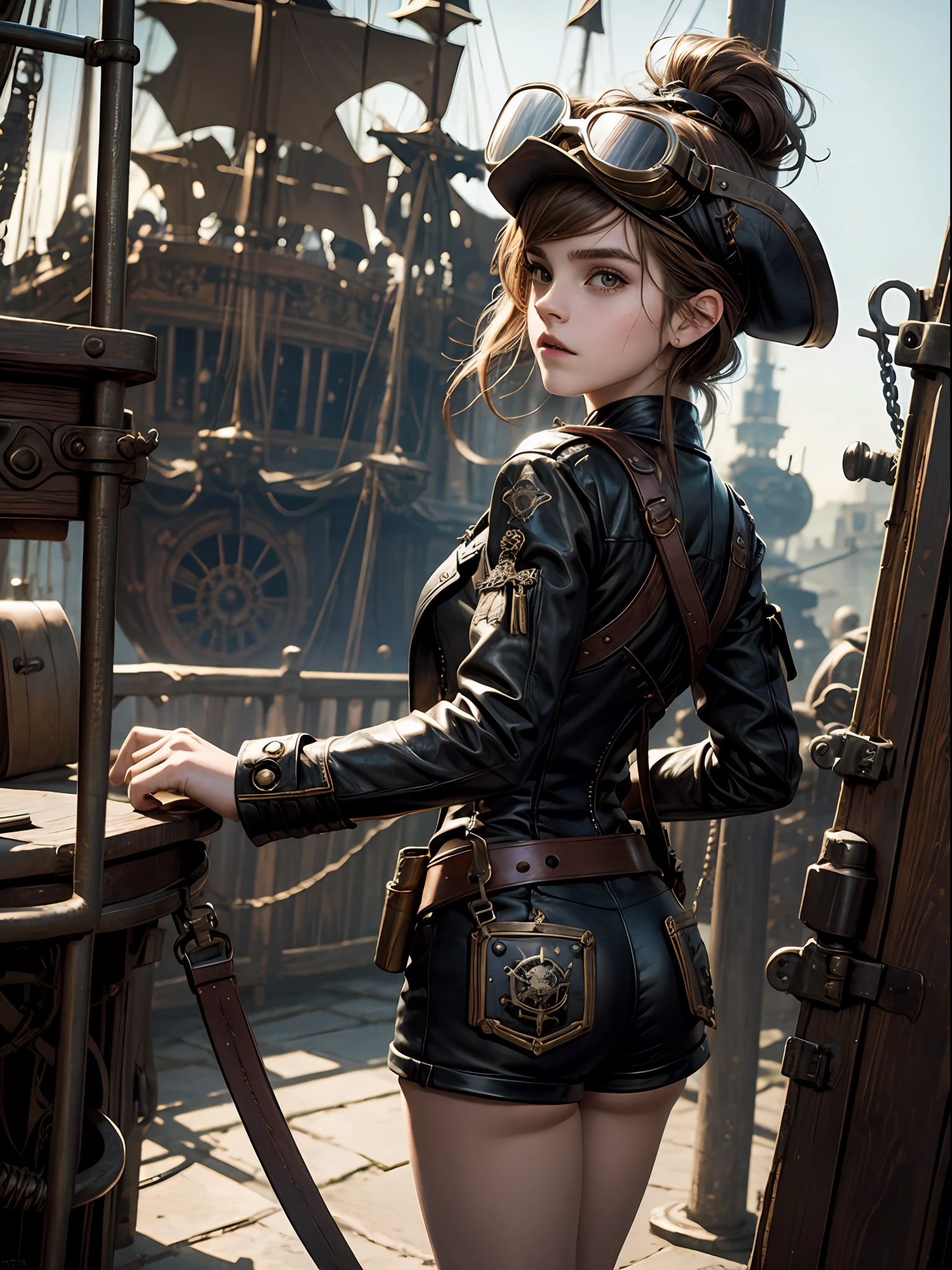 teen emma watson as a steampunk girl. looking back at the camera.  leather shorts. slender and graceful body. inside pirate ship. helmet with goggles.
