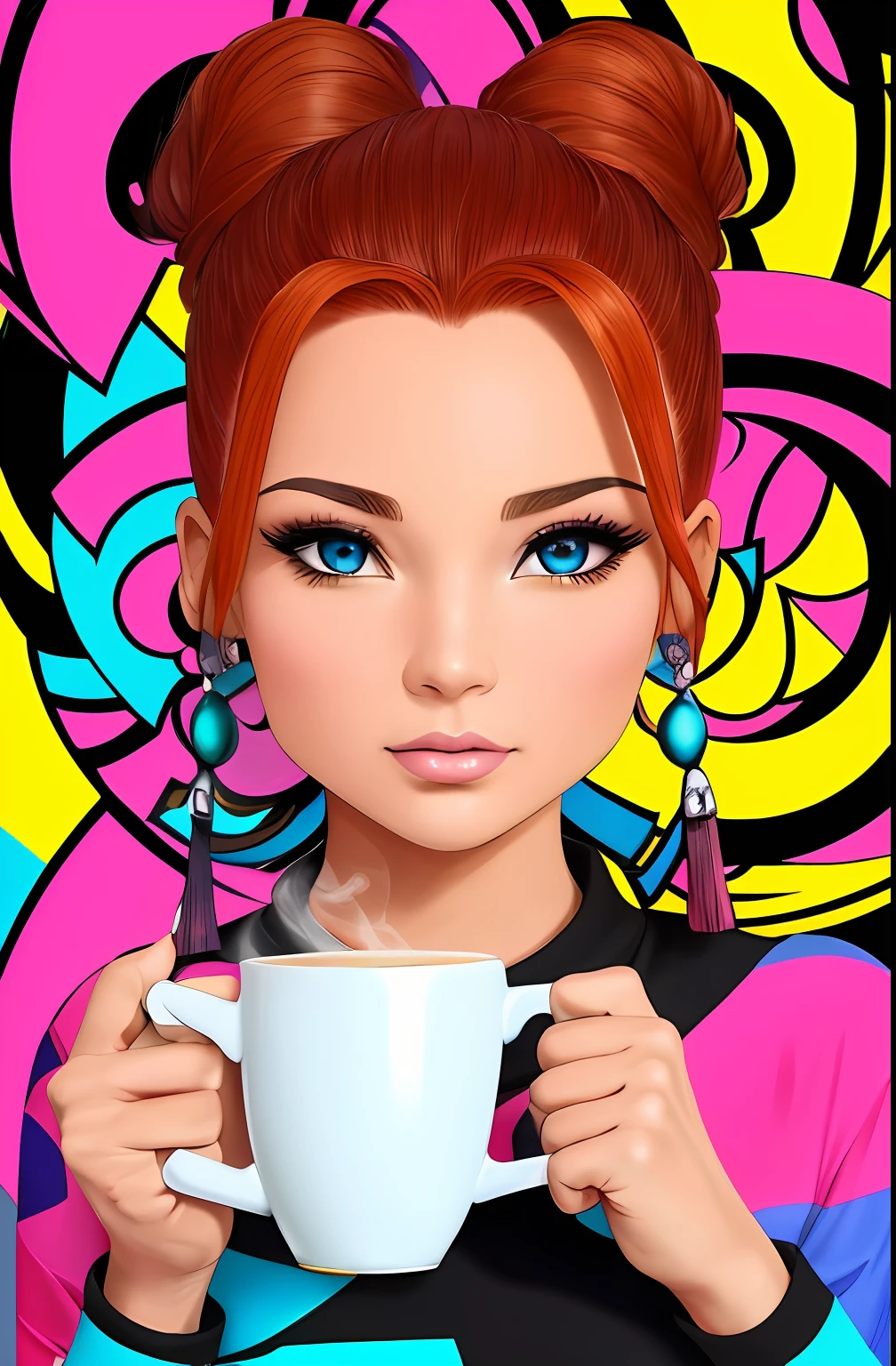 (UMA BELA MULHER RUIVA CABELOS CACHEADOS CABELOS RUIVOS,CURTOS E PRESOS Feliz, ORIGINAL WITH A BEAUTIFUL WHITE CUP)OF COFFEE COMING OUT SMOKE IN YOUR HAND, Beautiful cup ,Coloridas ,pink and blue and yellow WRITTEN WE COOFFE IN THE CUP ), Eduardo Kobra ,Romero Brito,The Filling Twins ,multidimensional geometric wall PORTRAIT, arte, Chibi,
Yang08k, lindo, Colouring,
Primary works, qualidade superior, melhor qualidade, Arte Oficial, Beautiful and Aesthetic, 256k