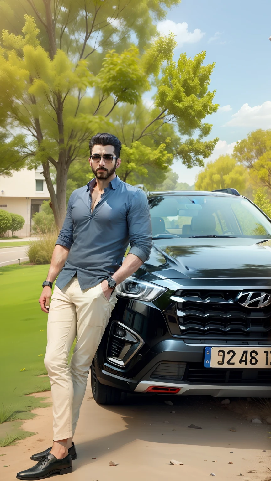 men standing with black hyundai creta, photorealstic,