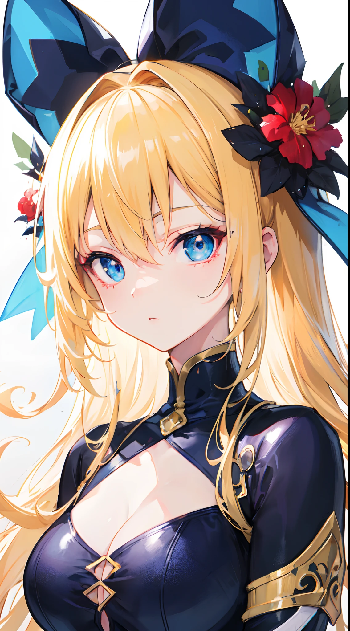 ((best quality)), ((masterpiece)), ((highres)), (best illumination, hyper detailed, detailed background), 1girl, solo, sharp face, cute expression, carismatic girl, dynamic angle, hair between the eyes, long hair, blonde hair, blue shining eyes 4 k, intense colors eyes, blue eyes, red eyeline, beautiful detailed eyes, detailed beautiful face, beautiful detailed clothes, anime art wallpaper 4 k, anime style 4 k,