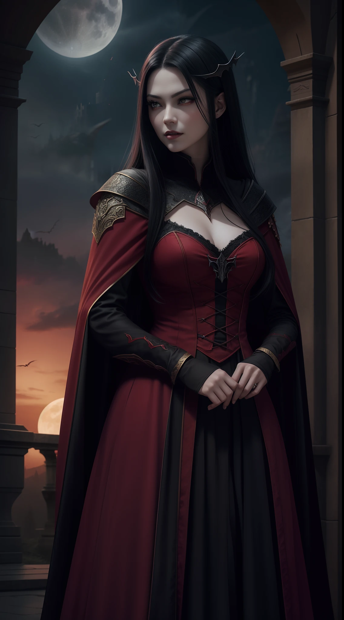 A woman in a red dress and black cape standing in front of a full moon ...