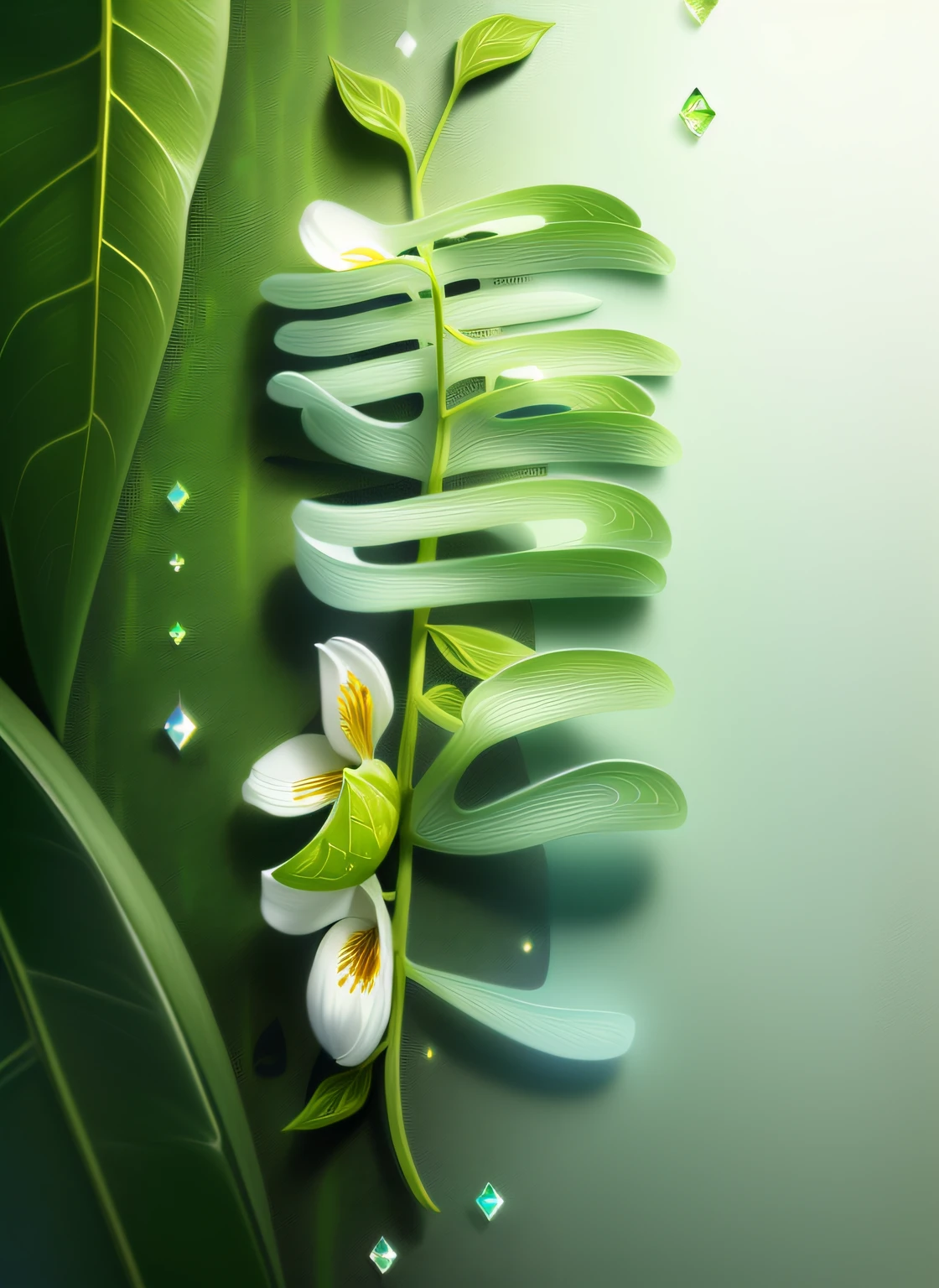 Artistic text composed of white flowers and green leaves,Super rich detail,Clear veins of plants,ivy,Transparent petals,As deep as seawater,crystal-clear+Dewdrops,8K,HD,florals,Tropical plants,Simple and simple background