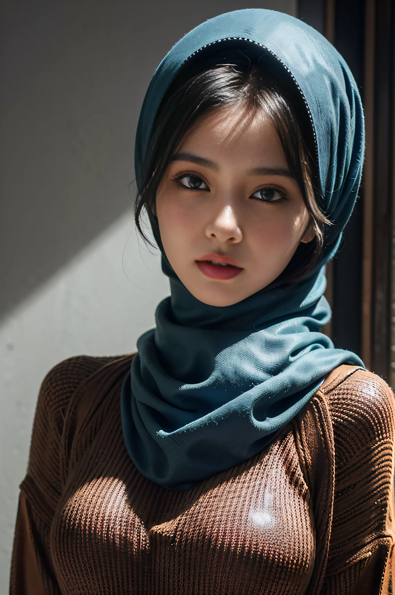 (RAW photo, best quality), POV, (realistic, photo-realistic:1.3), ((Sweaters Outfits)), HIJAB OUTFITS DRESS, best quality of Hijab Girl, Full Hijab Dress, highly detailed, masterpiece, ultra-detailed, illustration, 1girl, upper_body, dynamic angle, world masterpiece hijabi, extremely detailed CG unity 8k wallpaper, ink, Amazing, cinematic lighting,