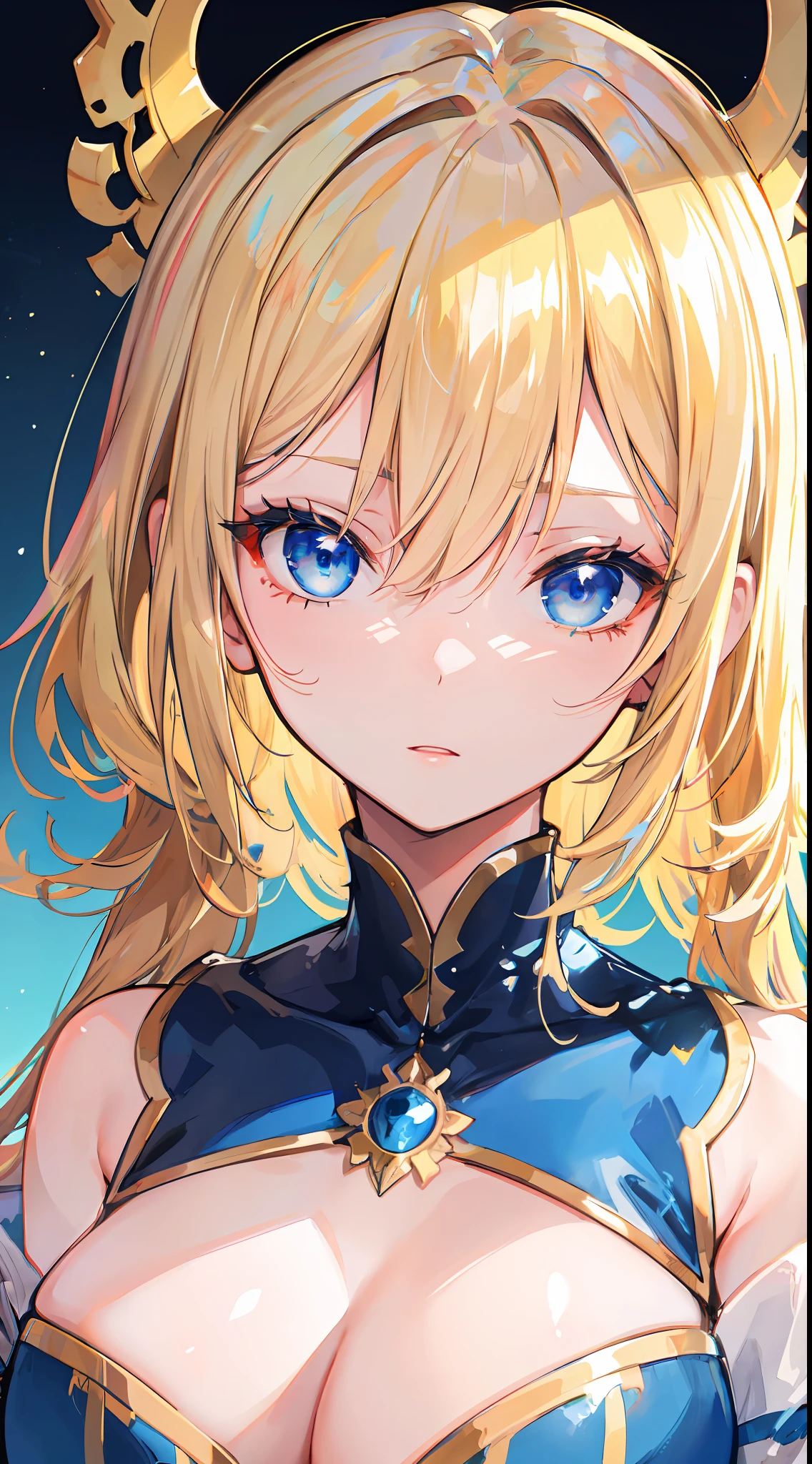 ((best quality)), ((masterpiece)), ((highres)), (best illumination, hyper detailed, detailed background), 1girl, solo, sharp face, cute expression, carismatic girl, dynamic angle, hair between the eyes, long hair, blonde hair, blue shining eyes 4 k, intense colors eyes, blue eyes, red eyeline, beautiful detailed eyes, detailed beautiful face, beautiful detailed clothes, anime art wallpaper 4 k, anime style 4 k,