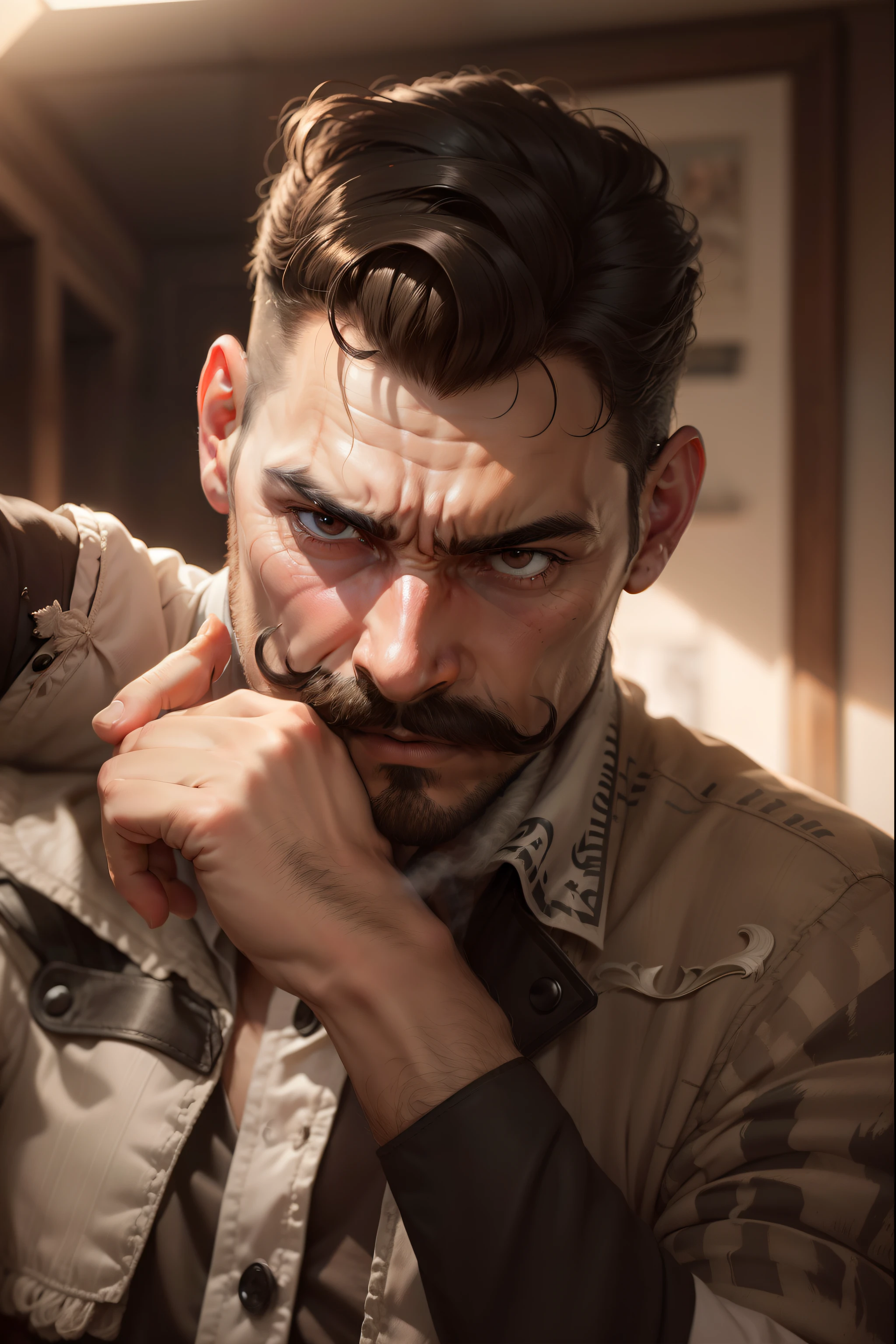 man with mustaches, photorealstic, aggressive face, deep face, dark room focus on face of man, light on man face,