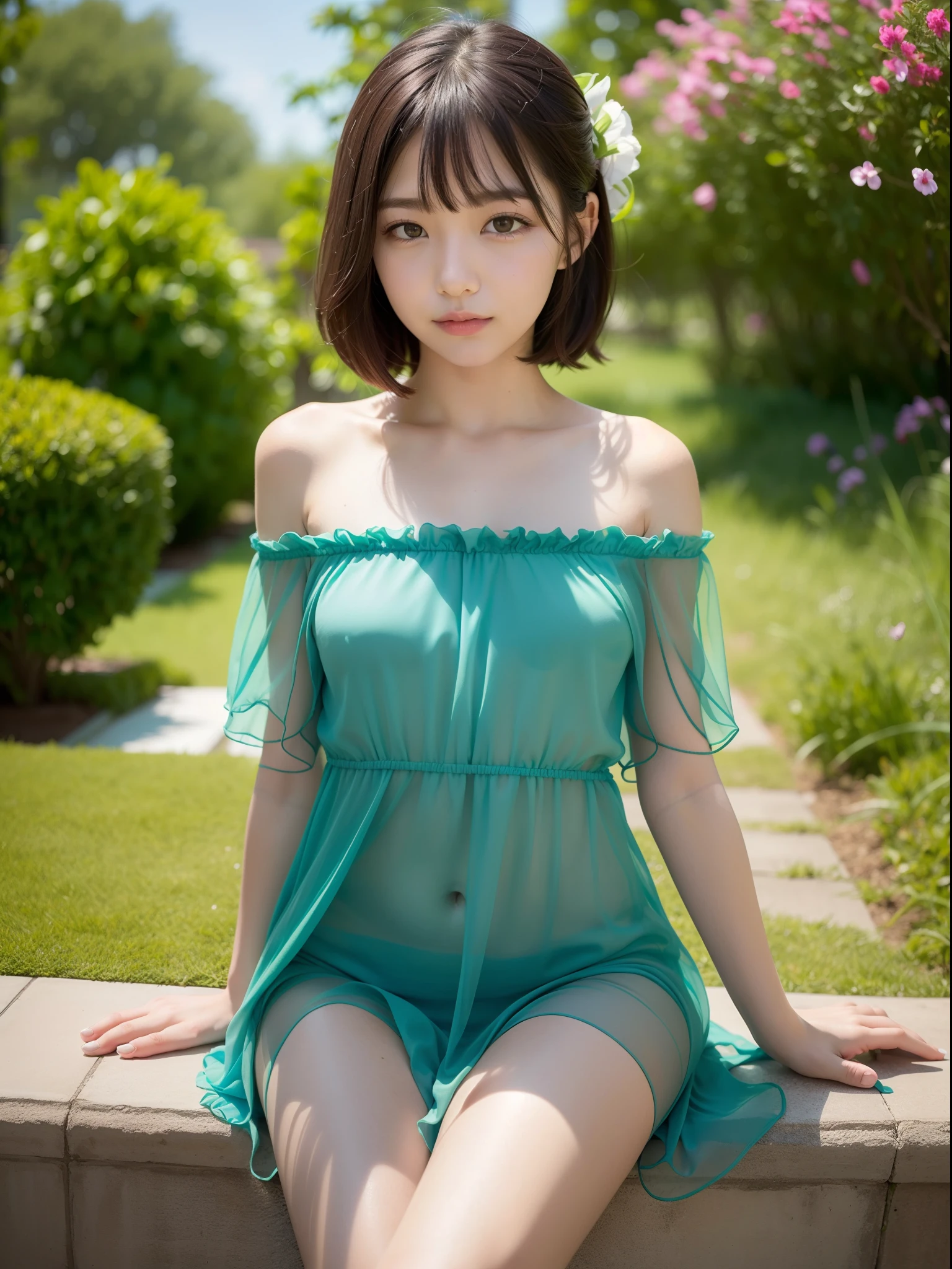 ((of the highest quality, 8K, masutepiece: 1.3, Raw photo)), Sharp Focus: 1.2, (1 AESPA Girl :1.1), (Solo: 1.2), (Realistic, Photorealistic: 1.37), (Face Focus: 1.1), Cute face, hyper detailed face, Small breasts, flat chest, thighs, Short messy hair, Small Smile, (sheer fabric:1.25), loose, (off-shoulder chiffon dress:1.3), sitting, garden, Glory lily