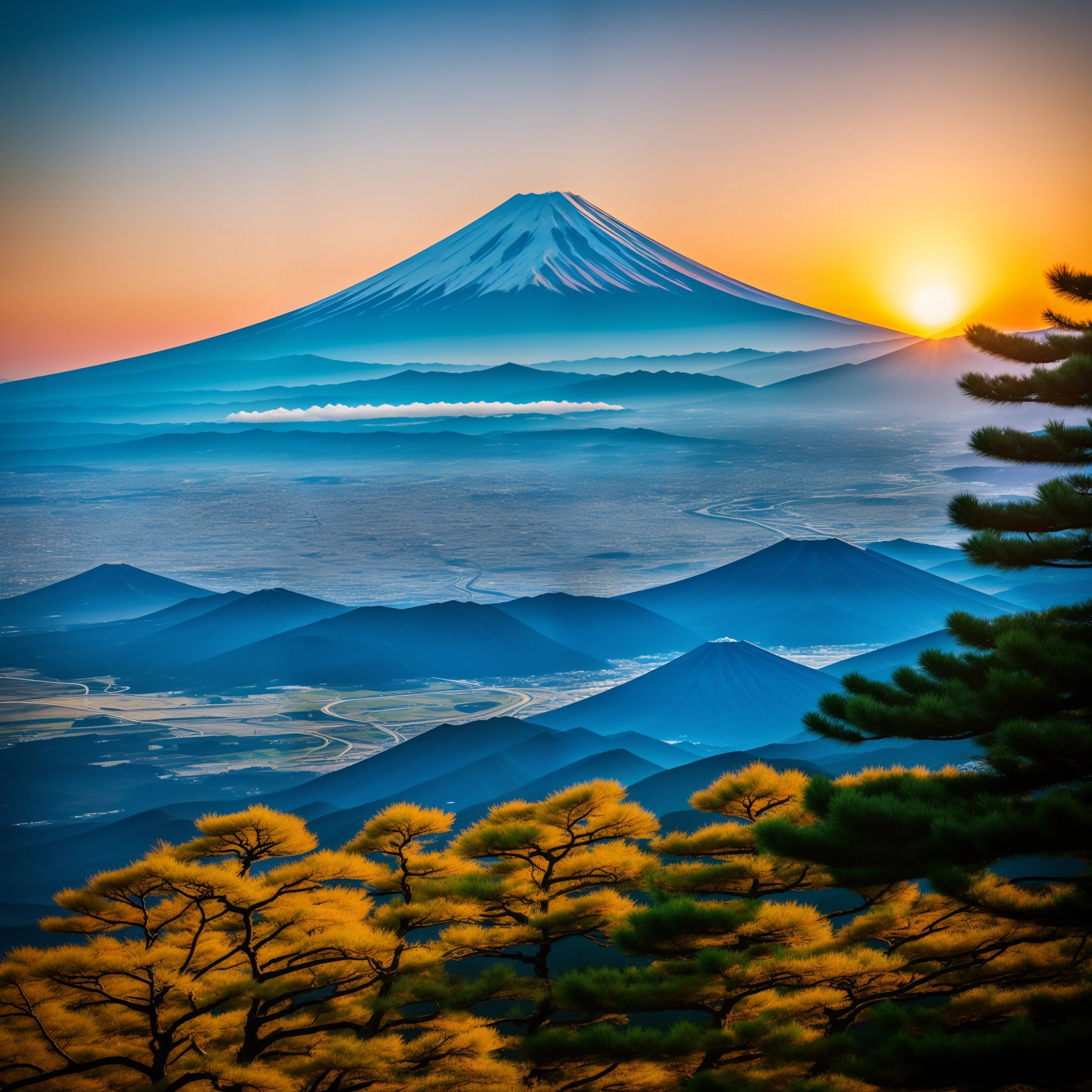 A Mt. Fuji,HighestQuali,8K,ultraclear,Japan Highway,the setting sun,Sun,super detailing,Look from afar --auto