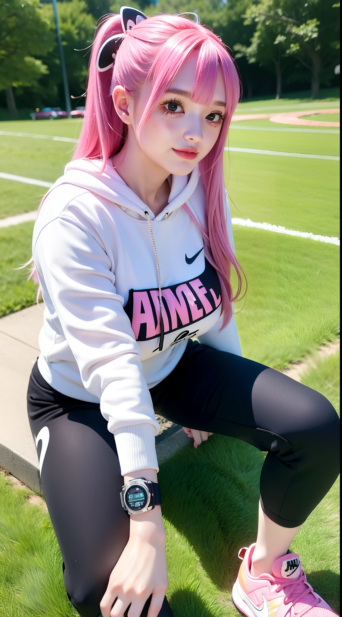 a woman, blush from anime one piece, pink hair, long hair, hair tie, big boobs, perfect body, standing, tall, tall woman, sexy, hot girl, wearing a black nike hoodie, black jogger pants, pink nike shoes, in football field, wearing a smartwatch, smile slightly, looking at the viewer, hd image, super detail quality, super detail, hd quality, 8k, fuji photo, canon photo
