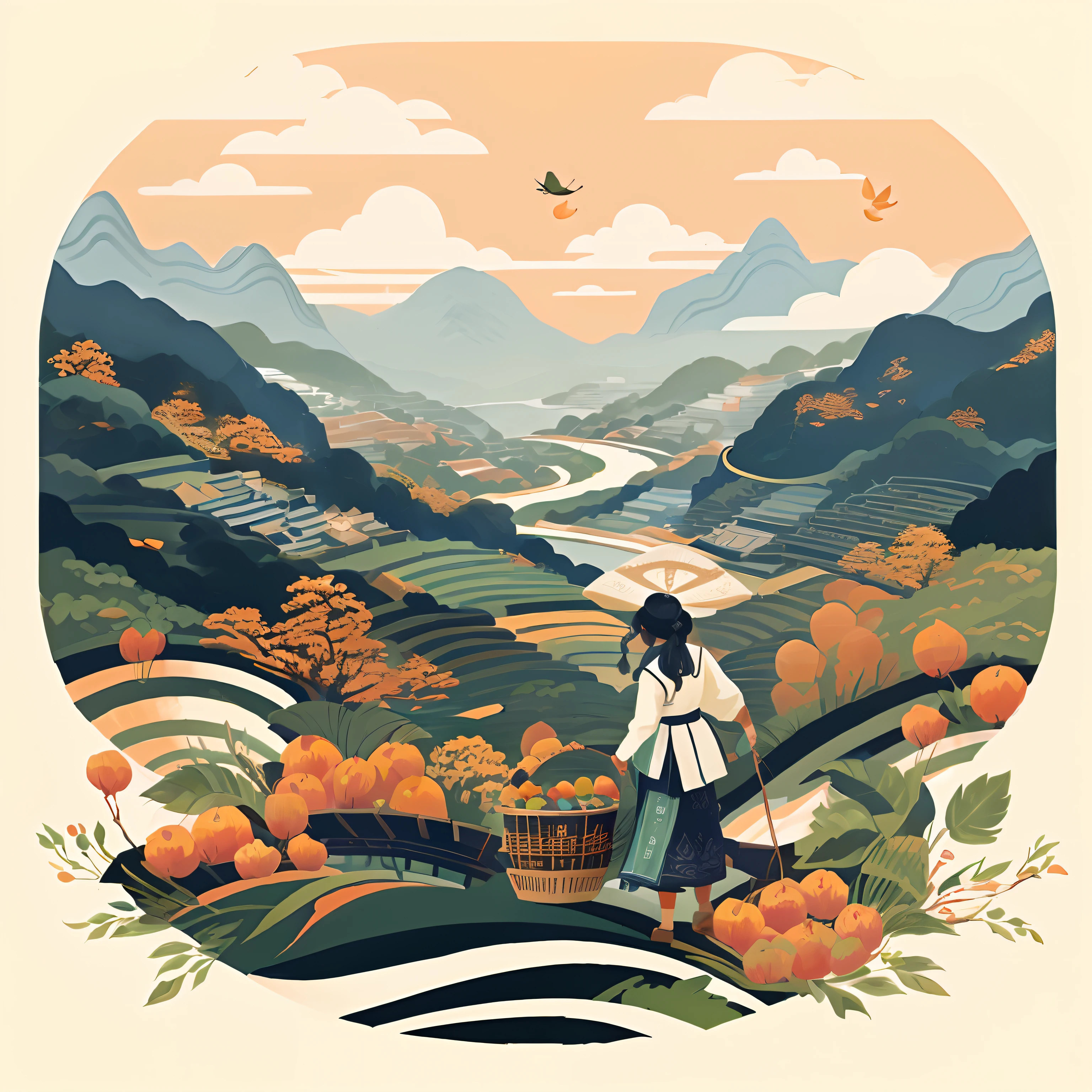 Terraced，A woman dressed in ethnic minority dress，Beautiful illustrations，4K分辨率，The back basket is tied to the back，Focus on picking fruit。