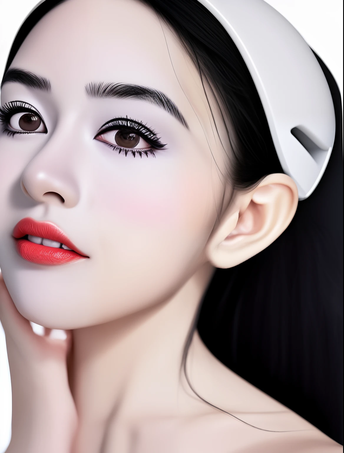 Close-up of a woman in a white top and a black and white background, Best AI Images, With AI Theme, Design Studio, Close-up - Studio Photos, AI startups, Modeling Studio, Lee Ji-eun, Izzy-silver(Lee Ji - Eun), ArtStudio, Realistic studio portrait, Ai Yazawa, Beautiful studio pace, Color Studio Portrait, AI Art, AI