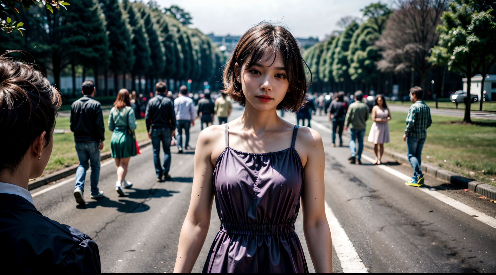 (1girl), Brazilian, solo, bob-short_hair, wearing(violet-minidress), photo(medium-shot), standing, (pov, blurry_background:1.5), background(morning, roadside, footpath, tree, crowd-of-people), natural-lighting, (photorealistic, absurdres, best_quality:1.55),