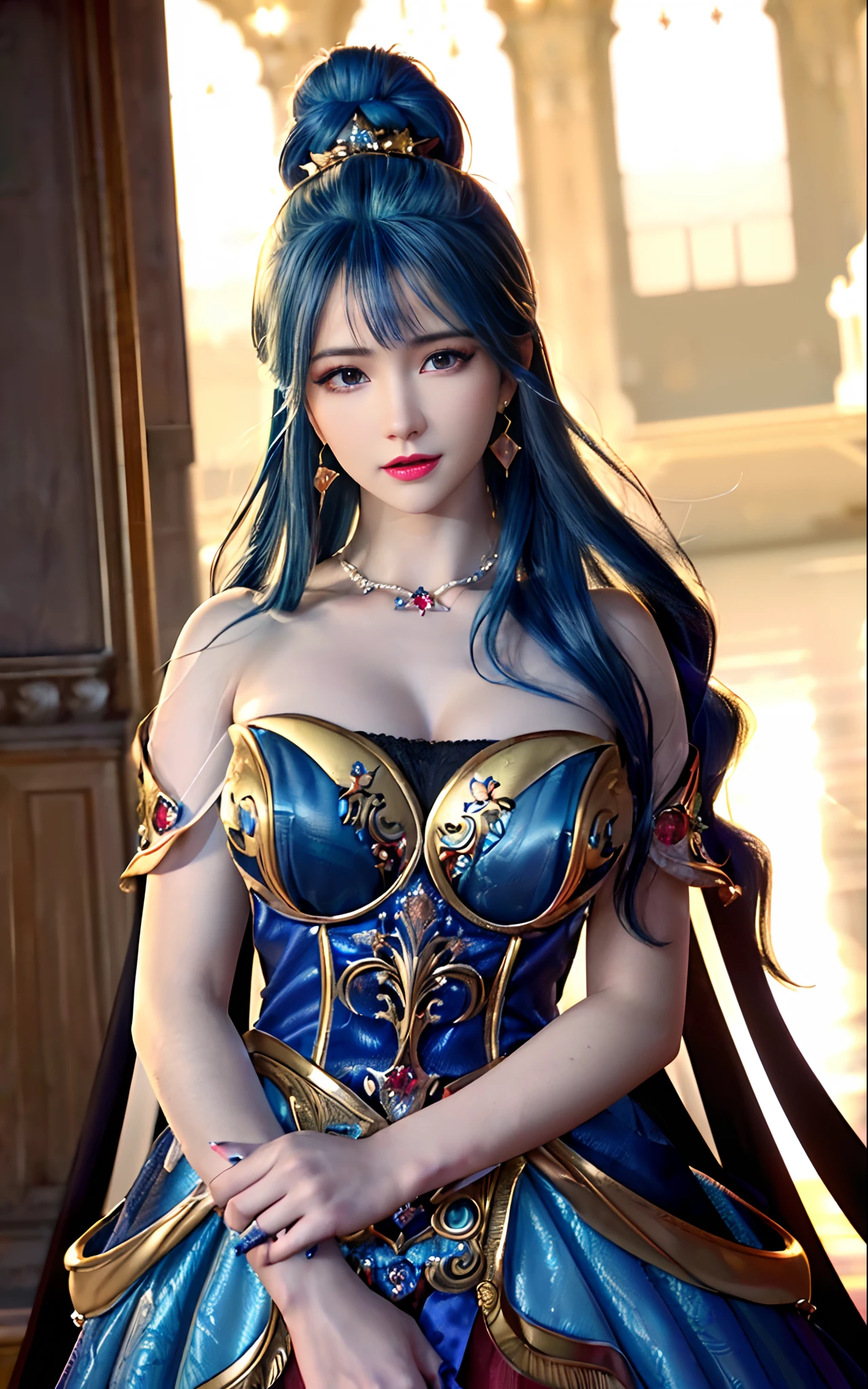 ((realisticity: 1.2)), ((realistic: 8K UHD)), ((best resolution: 8K UHD)), hyper detailed, best quality,masterpiece,highres,cg, ((1 girl hyper detailed and hyper realistic) ) , ((beautiful queen, hyper realistic and hyper detailed)),((white skin, beautiful, smooth, youthful, hyper realistic and hyper detailed )), ((Face hyper beautiful, white, hyper realistic and hyper detailed ) ), long hair, ((hyper realistic and hyper detailed dress)), solo, ((hyper realistic, hyper beautiful, beautiful and hyper detailed jewelry)), ((hyper beautiful deep red and golden yellow dress, hyper realistic and hyper detailed )) , ((Her pretty, hyper realistic, hyper detailed diamond filled earrings)), ((Her gorgeous diamond haircut, hyper realistic and hyper detailed)), ((hyper pretty upper body, hyper beautiful, hyper realistic and hyper detailed) ), ((medium breast: 1.5)), ((hyper realistic, hyper pretty, hyper detailed boobs)),   ((the backgroun of the royal palace is hyper majestic, hyper realistic and hyper detailed)),((hands and palms hyper beautiful, hyper detailed, hyper realistic)), ((hyper pretty, hyper pretty, hyper realistic and hyper detailed hair bun)), ((hyper pretty , hyper realistic and hyper detailed blue hair)), candid, Photo, high resolution, 8k , bokeh,