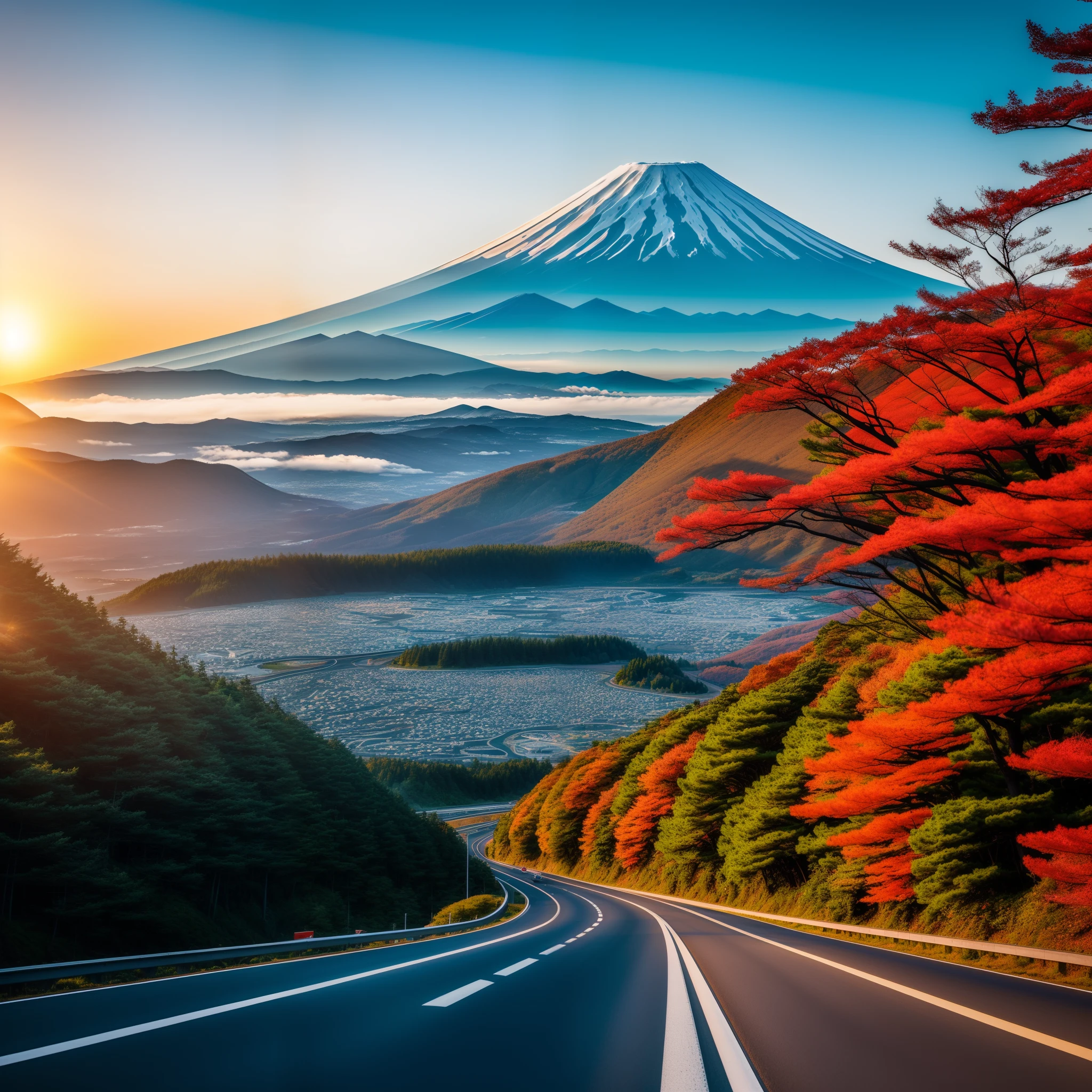 A Mt. Fuji,HighestQuali,8K,ultraclear,Japan Highway,the setting sun,Sun,super detailing,Look from afar --auto
