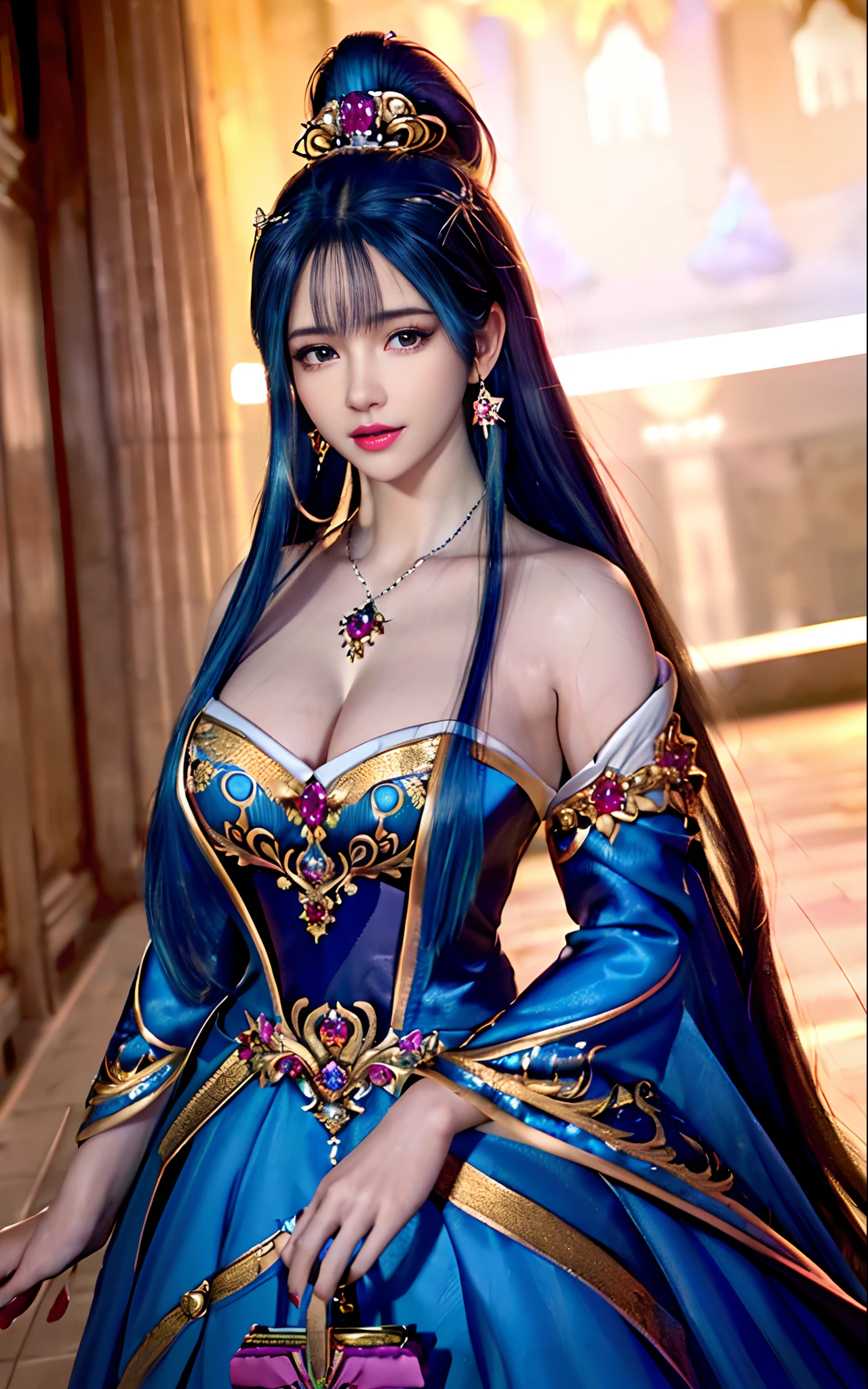 ((realisticity: 1.2)), ((realistic: 8K UHD)), ((best resolution: 8K UHD)), hyper detailed, best quality,masterpiece,highres,cg, ((1 girl hyper detailed and hyper realistic) ) , ((beautiful queen, hyper realistic and hyper detailed)),((white skin, beautiful, smooth, youthful, hyper realistic and hyper detailed )), ((Face hyper beautiful, white, hyper realistic and hyper detailed ) ), long hair, ((hyper realistic and hyper detailed dress)), solo, ((hyper realistic, hyper beautiful, beautiful and hyper detailed jewelry)), ((hyper beautiful deep red and golden yellow dress, hyper realistic and hyper detailed )) , ((Her pretty, hyper realistic, hyper detailed diamond filled earrings)), ((Her gorgeous diamond haircut, hyper realistic and hyper detailed)), ((hyper pretty upper body, hyper beautiful, hyper realistic and hyper detailed) ), ((medium breast: 1.5)), ((hyper realistic, hyper pretty, hyper detailed boobs)),   ((the backgroun of the royal palace is hyper majestic, hyper realistic and hyper detailed)),((hands and palms hyper beautiful, hyper detailed, hyper realistic)), ((hyper pretty, hyper pretty, hyper realistic and hyper detailed hair bun)), ((hyper pretty , hyper realistic and hyper detailed blue hair)), candid, Photo, high resolution, 8k , bokeh,