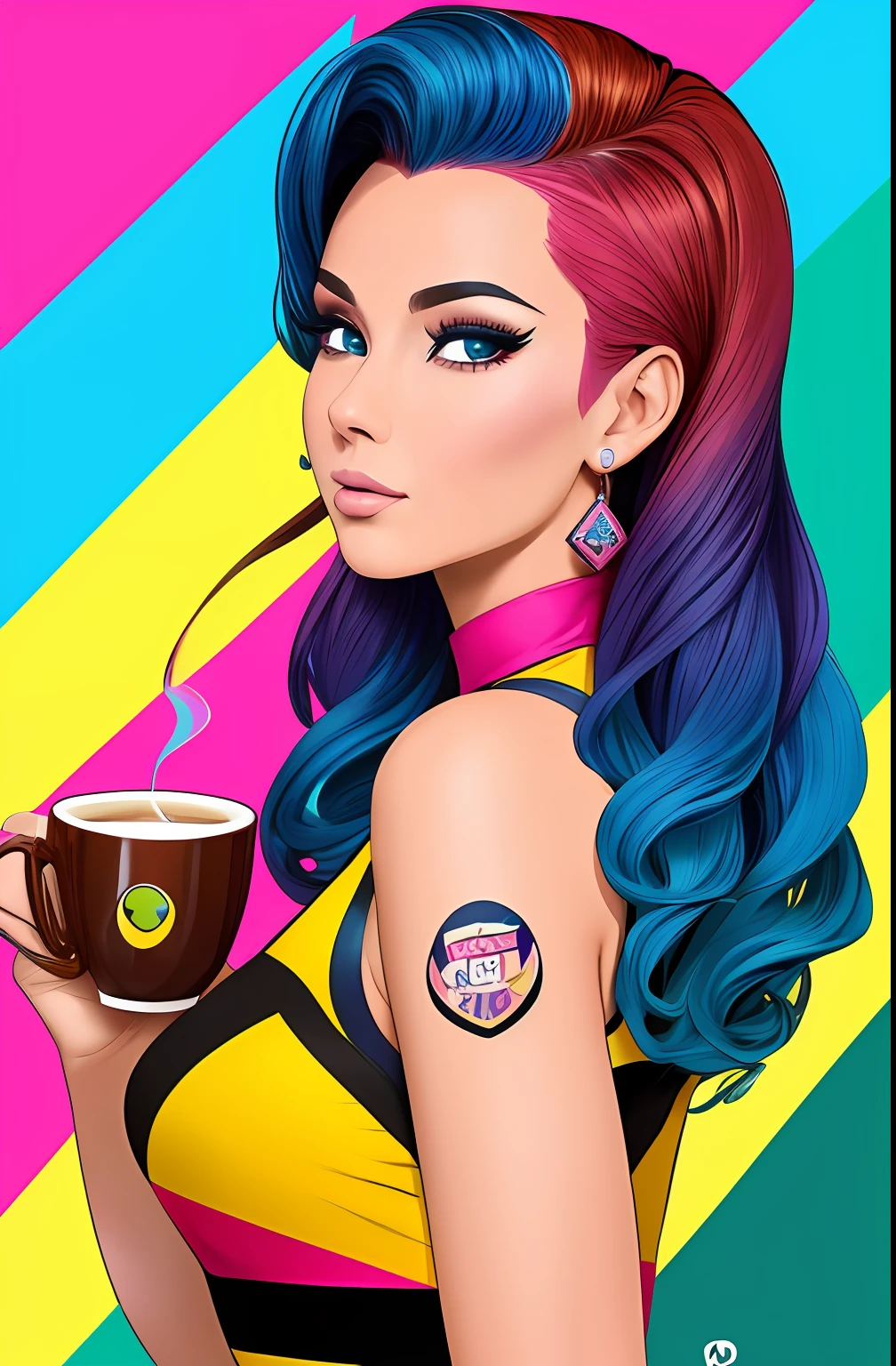 (UMA BELA MULHER RUIVA CABELOS CACHEADOS CABELOS RUIVOS, Feliz, ORIGINAL WITH A NICE CUP OF COFFEE COMING OUT SMOKE IN YOUR HAND, Beautiful cup ,Coloridas ,pink and blue and yellow WRITTEN WE COOFFE IN THE CUP ),  Eduardo Kobra ,Romero Brito,The Filling Twins ,multidimensional geometric wall PORTRAIT, arte, Chibi,
Yang08k, lindo, Colouring,
Primary works, qualidade superior, melhor qualidade, Arte Oficial, Beautiful and Aesthetic, 512k