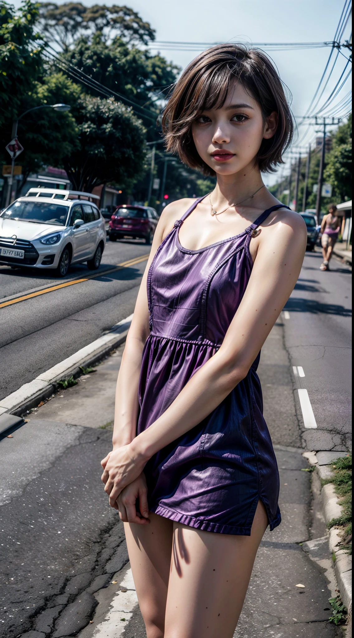 (1girll), Brazilian, Solo, Bob Short_Hair, Wearing(Violet mini dress), Photo(Medium Shot Shot), standing, angle of view, Blurry_Background, Background(Morning, Roadside, footpath, tree, crowd of), (Photorealistic, absurderes, Best_quality:1.55),