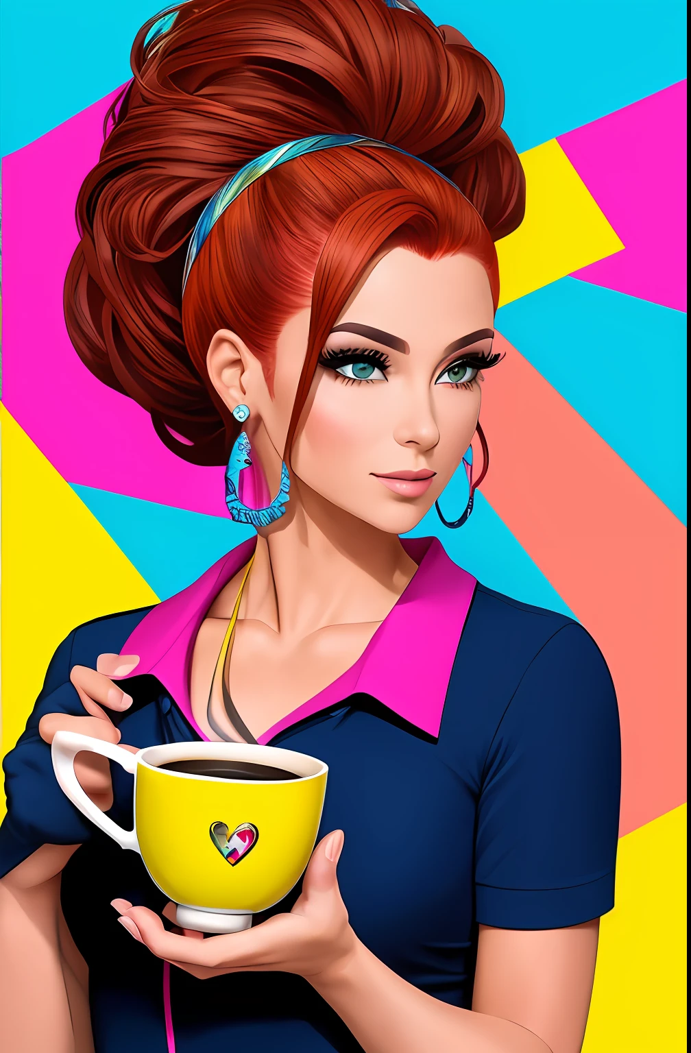 (UMA BELA MULHER RUIVA CABELOS CACHEADOS CABELOS RUIVOS, Feliz, ORIGINAL WITH A NICE CUP OF COFFEE COMING OUT SMOKE IN YOUR HAND, Beautiful cup ,Coloridas ,pink and blue and yellow WRITTEN WE COOFFE IN THE CUP ), Eduardo Kobra ,Romero Brito,The Filling Twins ,multidimensional geometric wall PORTRAIT, arte, Chibi,
Yang08k, lindo, Colouring,
Primary works, qualidade superior, melhor qualidade, Arte Oficial, Beautiful and Aesthetic, 512k