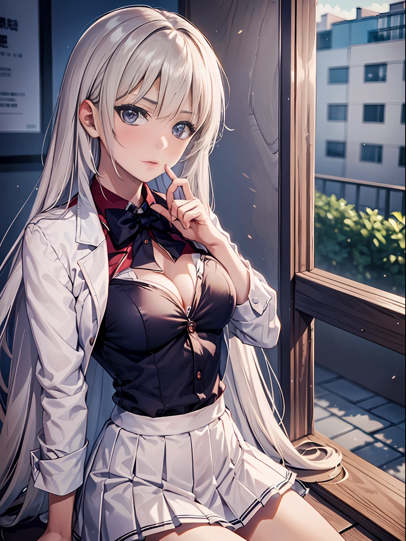 ((top quality, 8k, masterpiece: 1.3)), extremely cute and beautiful woman, 1 girl, (midiun breasts: 1.3), seductive cleavage, (abs, slender figure: 1.1), sharp focus, pixiv masterpiece, ((intricate details)), highly detailed, upper body, 1girl, black long straight hair, Japanese school girl uniform, cleavage, white collard shirt, red blazer, white pleats short skirt, 8k, 8k resolution, suzune horikita, kei karuizawa, honami ichinose, detailed body, detailed clothes, sharp image, Japanese anime concept art, trending on pixiv,