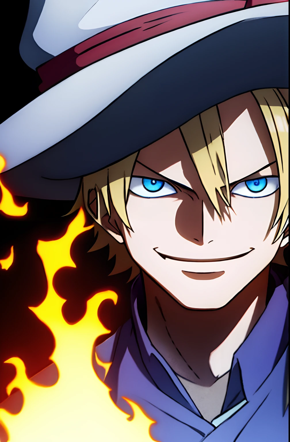 1boy, wanostyle, Edward Elric, smiling, custom hat, looking at viewer, solo, upper body, ((masterpiece)), (best quality), (extremely detailed), depth of field, sketch, dark intense shadows, sharp focus, soft lighting, hdr, colorful, good composition, blue fire all around, spectacular, closed shirt, anime screencap, medium hair, ready to fight, blue eyes