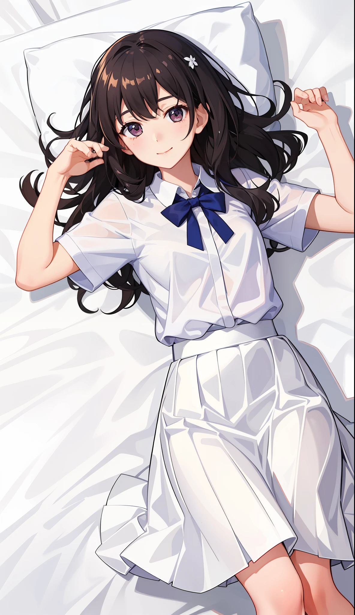 1girl in、A smile、A delightful! The shirt、pleatedskirt、White skirt、(small tits)Sleeping in large letters、