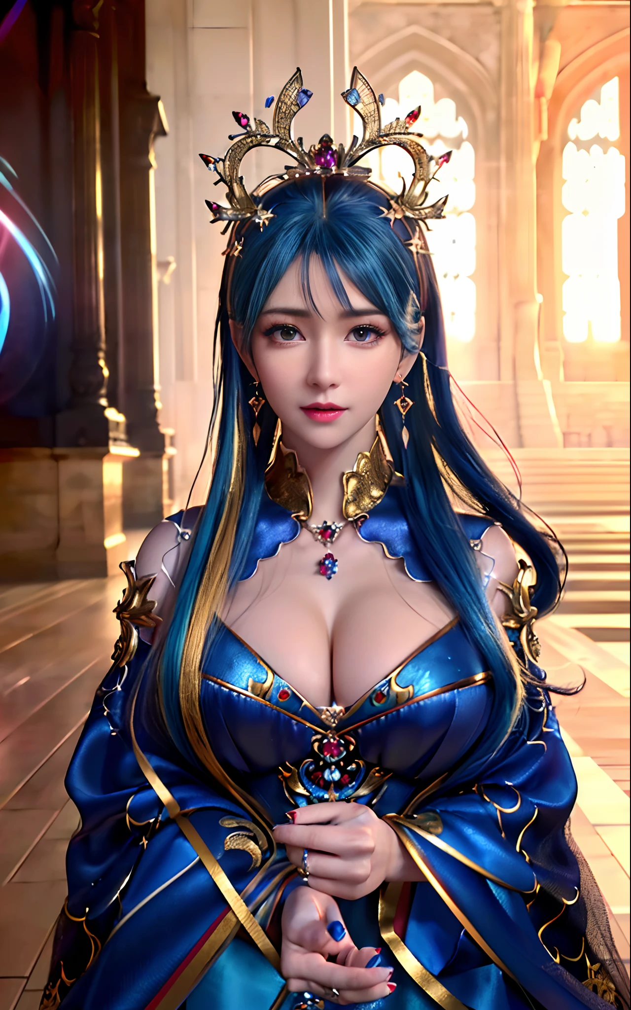((realisticity: 1.2)), ((realistic: 8K UHD)), ((best resolution: 8K UHD)), hyper detailed, best quality,masterpiece,highres,cg, ((1 girl hyper detailed and hyper realistic) ) , ((beautiful queen, hyper realistic and hyper detailed)),((white skin, beautiful, smooth, youthful, hyper realistic and hyper detailed )), ((Face hyper beautiful, white, hyper realistic and hyper detailed ) ), long hair, ((hyper realistic and hyper detailed dress)), solo, ((hyper realistic, hyper beautiful, beautiful and hyper detailed jewelry)), ((hyper beautiful deep red and golden yellow dress, hyper realistic and hyper detailed )) , ((Her pretty, hyper realistic, hyper detailed diamond filled earrings)), ((Her gorgeous diamond haircut, hyper realistic and hyper detailed)), ((hyper pretty upper body, hyper beautiful, hyper realistic and hyper detailed) ), ((medium breast: 1.5)), ((hyper realistic, hyper pretty, hyper detailed boobs)), ((the backgroun of the royal palace is hyper majestic, hyper realistic and hyper detailed)),((hands and palms hyper beautiful, hyper detailed, hyper realistic)), ((hyper pretty, hyper pretty, hyper realistic and hyper detailed hair bun)), ((hyper pretty , hyper realistic and hyper detailed blue hair)), candid, Photo, high resolution, 8k , bokeh,