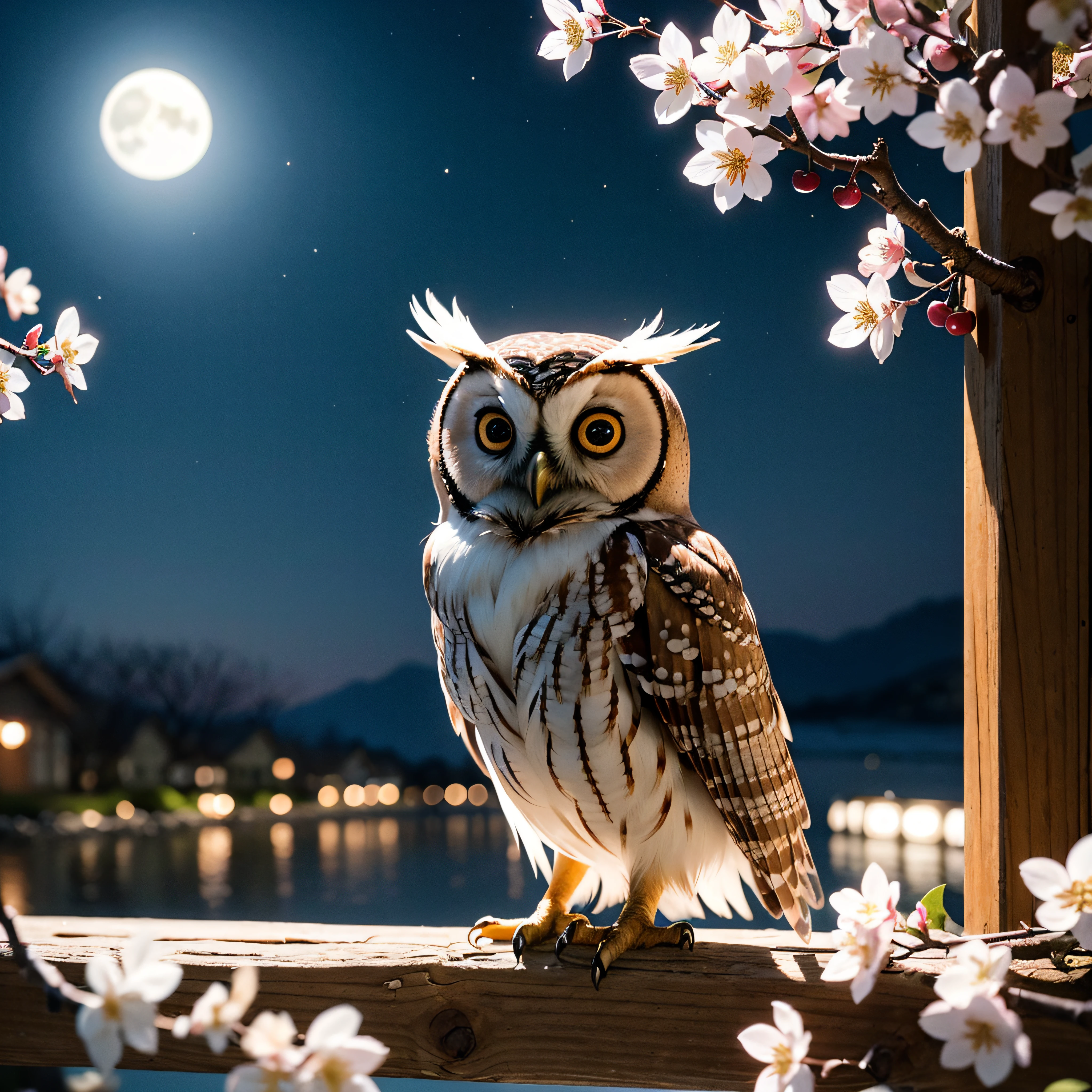 papercut an owl made of cherry blossoms in moonlight with a circular border