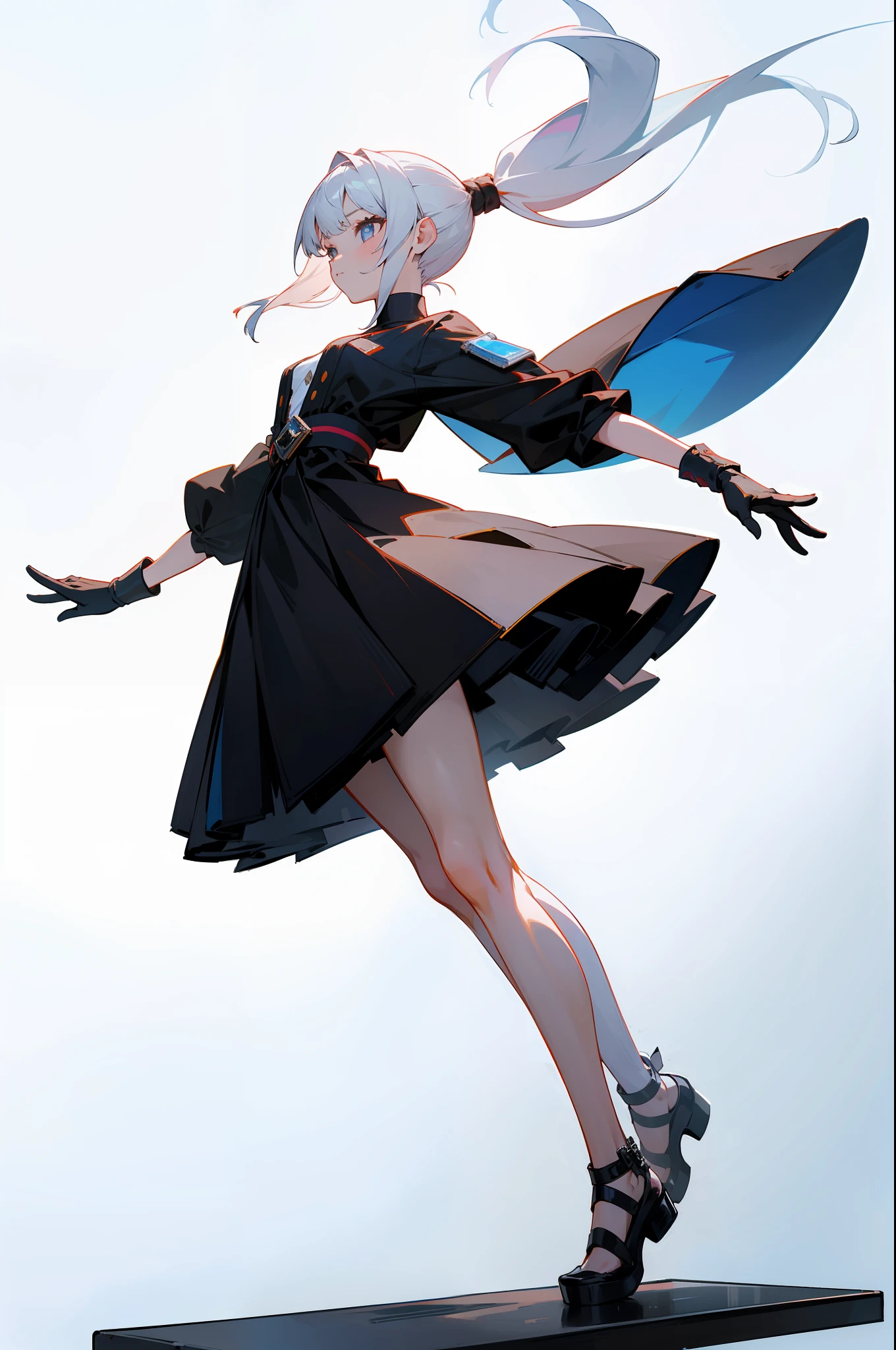 MKSKS style, (Very detailed background:1.0), (highly detailed back ground:1.0), 1girll, full_Body,,frontage，Masterpiece, Best quality, (1girll, Solo, Girl:1.2), ，standing,Mannequin，catwalks，white backgrounid，Floating on white background，Arm raised，，Low ponytail，Long-sided locks，White hair，Kicking,turning kick