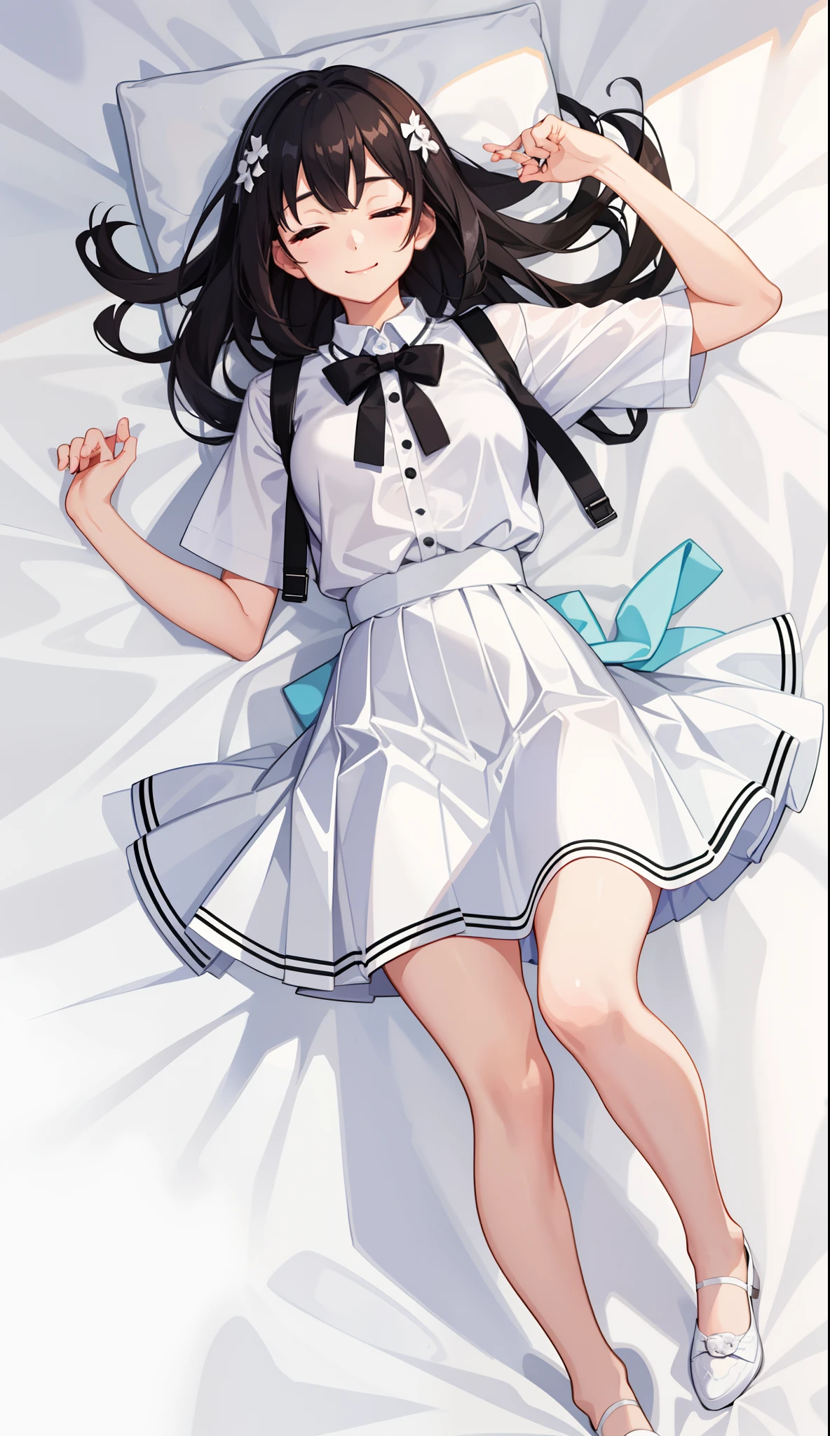 1girl in、A smile、A delightful! The shirt、pleatedskirt、White skirt、(small tits)Sleeping in large letters、