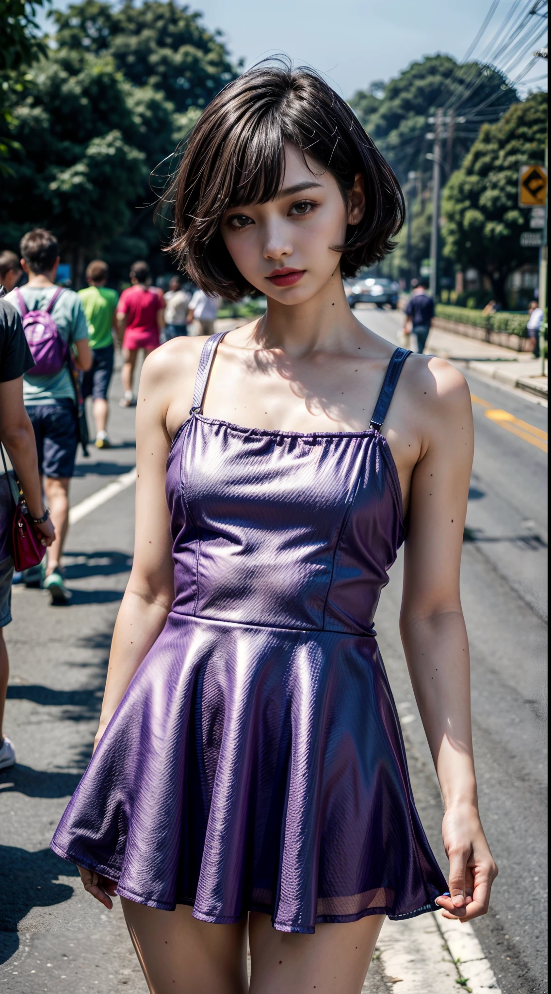 (1girll), Brazilian, Solo, Bob Short_Hair, Wearing(Violet mini dress), Photo(Medium Shot Shot), standing, angle of view, Blurry_Background, Background(Morning, Roadside, footpath, tree, crowd of), (Photorealistic, absurderes, Best_quality:1.55),