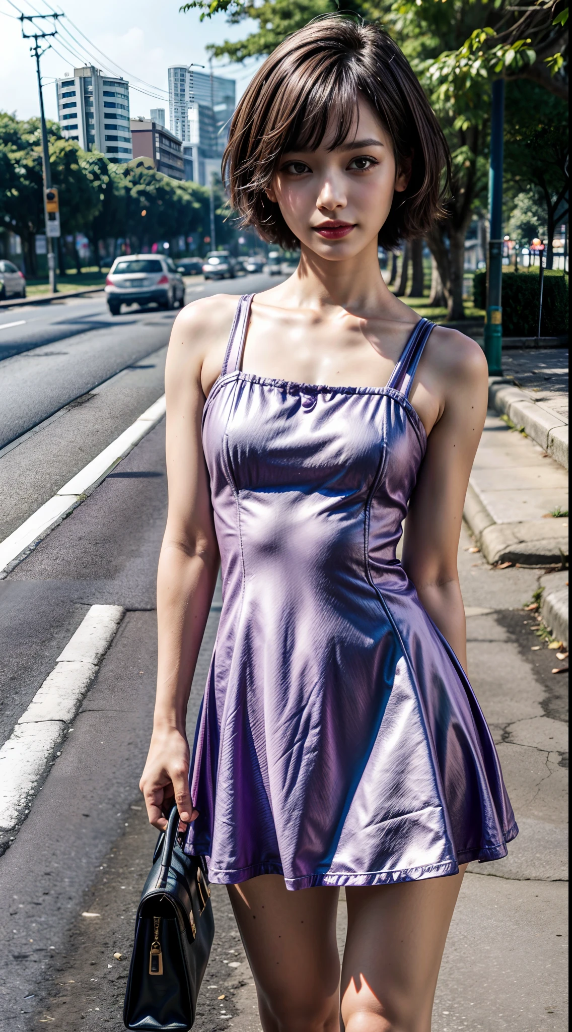 (1girll), Brazilian, Solo, Bob Short_Hair, Wearing(Violet mini dress), Photo(Medium Shot Shot), standing, angle of view, Blurry_Background, Background(Morning, Roadside, footpath, tree, crowd of), (Photorealistic, absurderes, Best_quality:1.55),