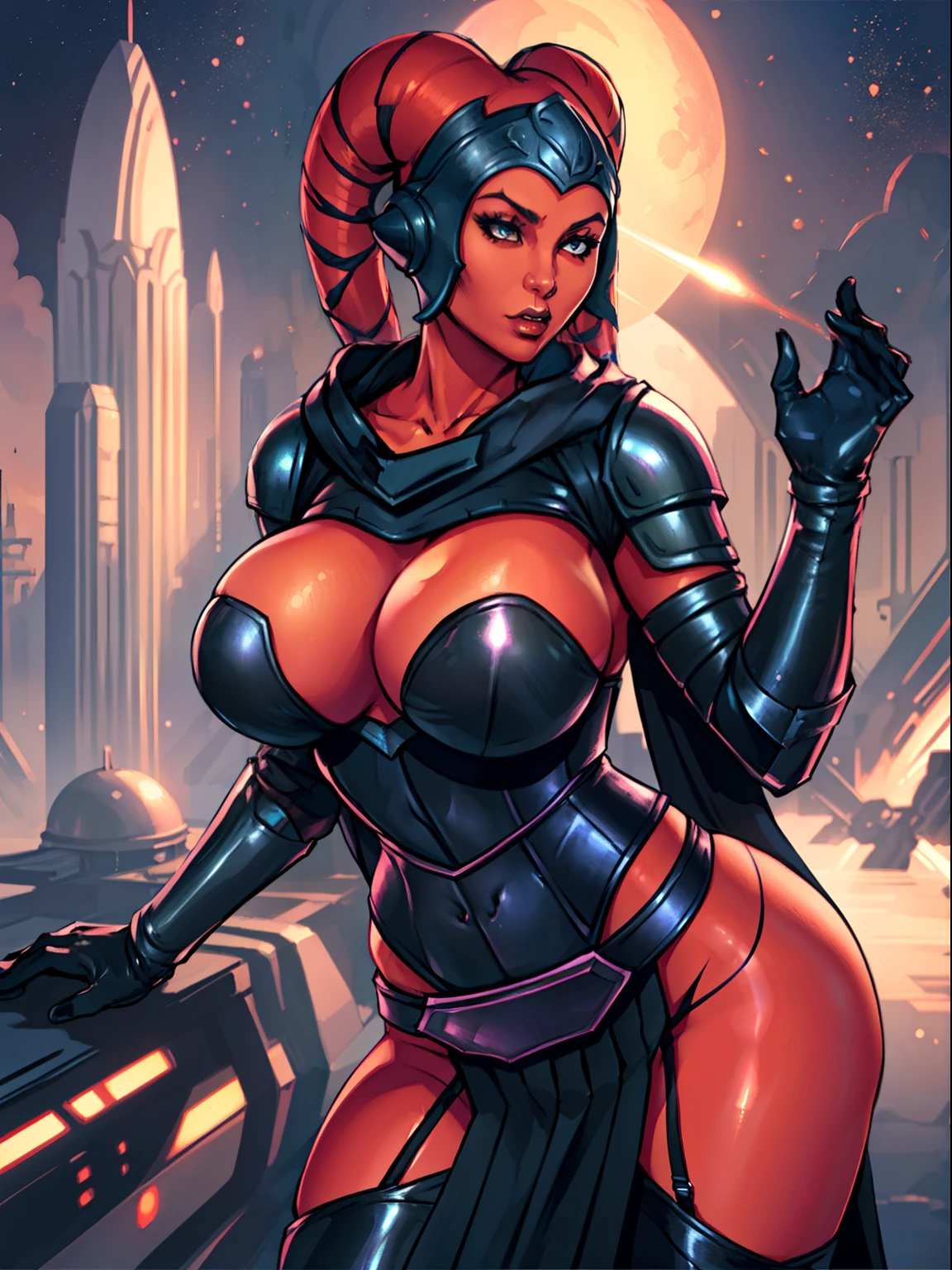Sexy big tits Twi'lek, lithe body, massive tits, gigantic boobs, busty, thin, (tight butt, tight ass, round ass), athletic, ((red skin), twi'lek), evil space knight, space ninja, (wearing (((modest))) loose black tunic, cowl, cloak, gloves, leggings, straps, buckles, corset, long skirts, long sleeves, fantasy, ((armor))), ((busty), slender body, thin, slim sexy body, slim waist, ((huge breasts, bursting breasts, skindentation))), Imperial starship, Star Wars,