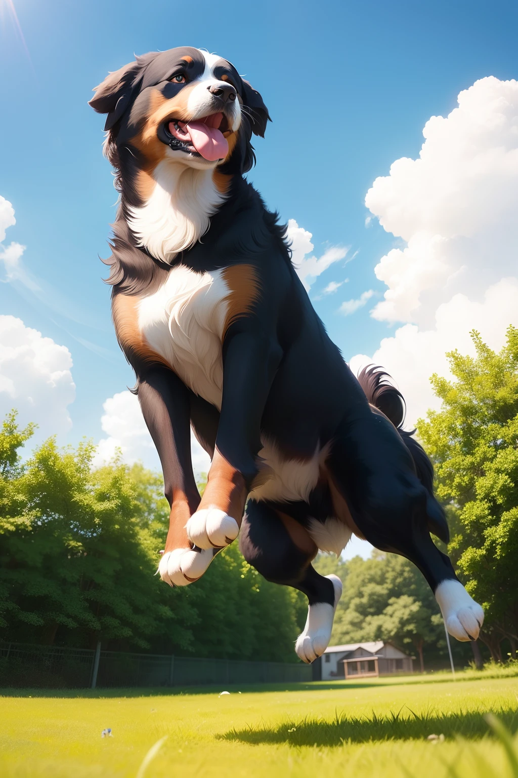 Home garden、blue-sky、Bernese Mountain Dog jumping to catch a Frisbee