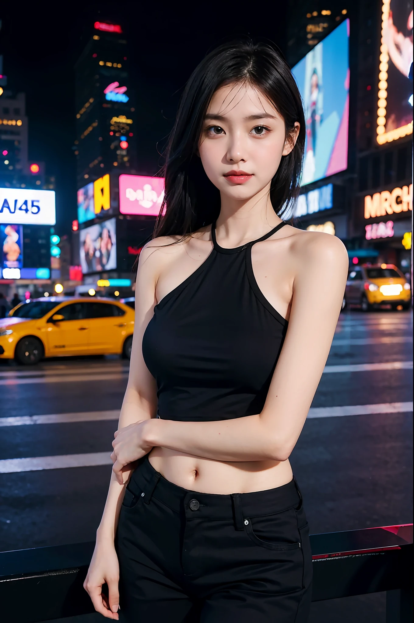 A daughter，Black  top，Casual pants，time square，Natural expression，f/2.8 apertures，85mm focal length，4800 pixels，Master masterpieces，Ultra-high 4K image quality