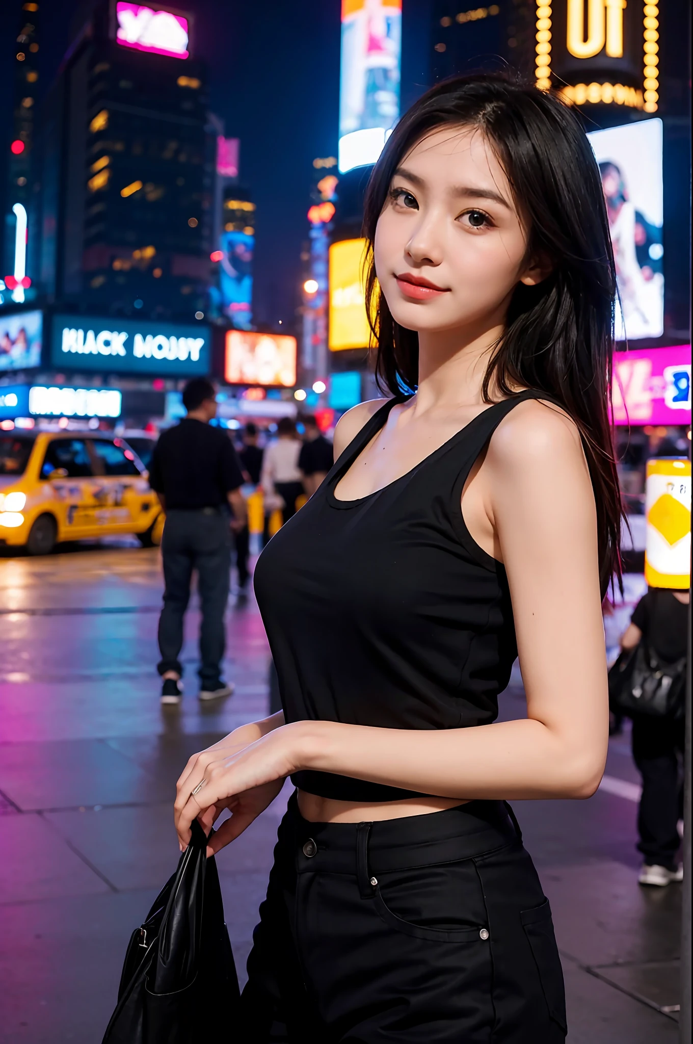 A daughter，Black  top，Casual pants，time square，Natural expression，f/2.8 apertures，85mm focal length，4800 pixels，Master masterpieces，Ultra-high 4K image quality