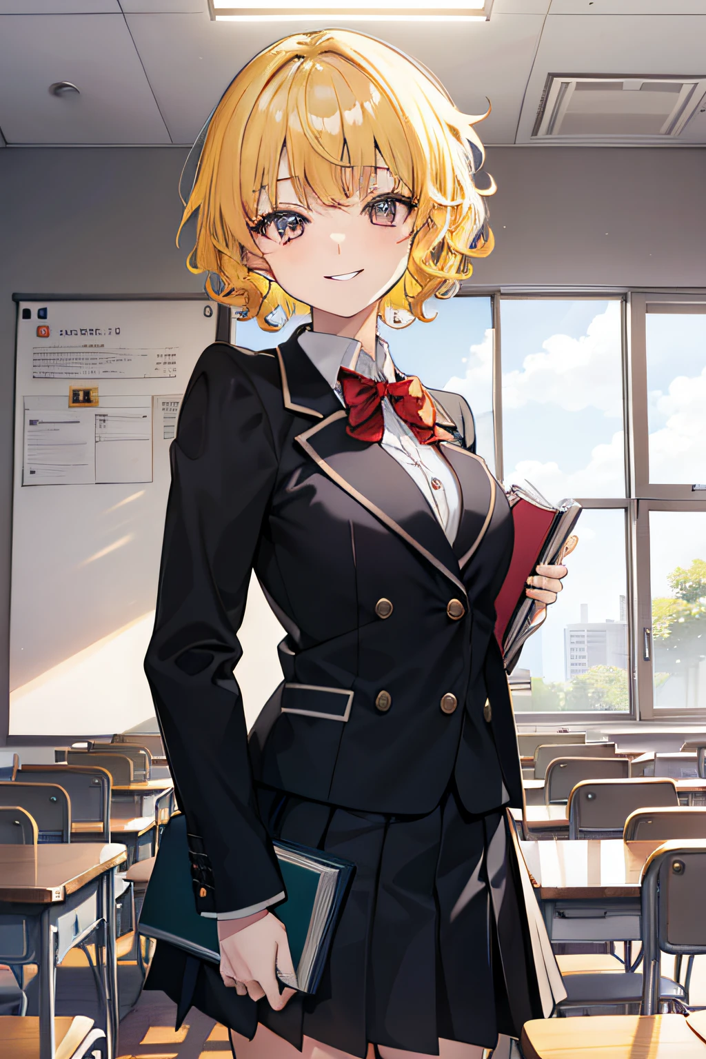 anime girl in a school uniform, yellow hair, curly hair, short hair, shoulder-length hair, {{silver eyes}}, round eyes, smiling, {{dark-red blazer}}, black skirt, standing, holding book, classroom background, desks, chairs