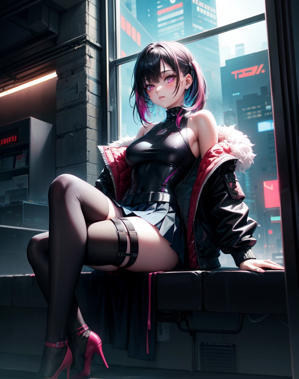 Masterpiece, 1girl, pink eyes, black hair, multicolored hair, cyberpunk inspired, jacket, bodysuit, pleated skirt, thigh high heels