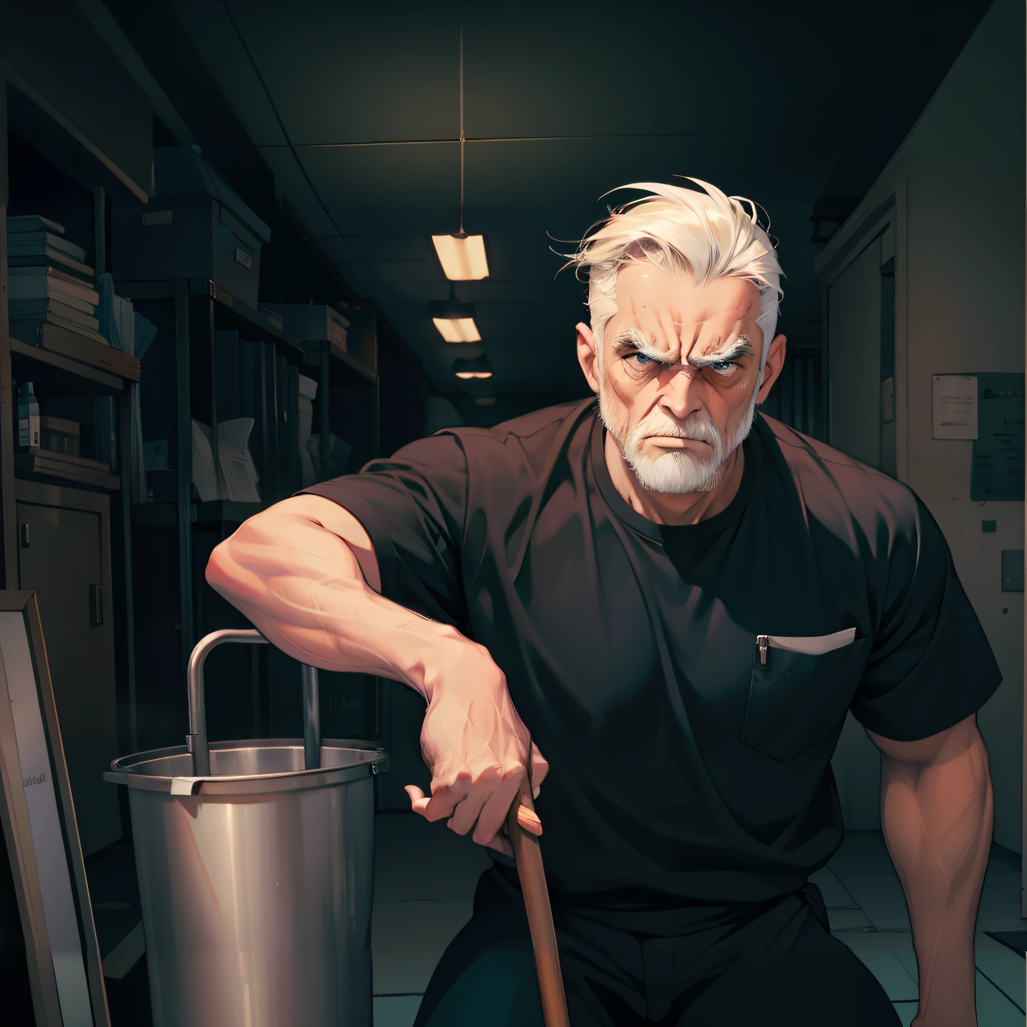 There was a man with a cane and bucket in the room, cyberpunk old man, official character illustration, Brave character, inspired by the senior character artist, shadowrun character art, Sean Connery as Big Boss, portrait of professor sinister, Epic portrait illustration, saints ( valorant ), official character art, Badass anime 8 K, character art closeup