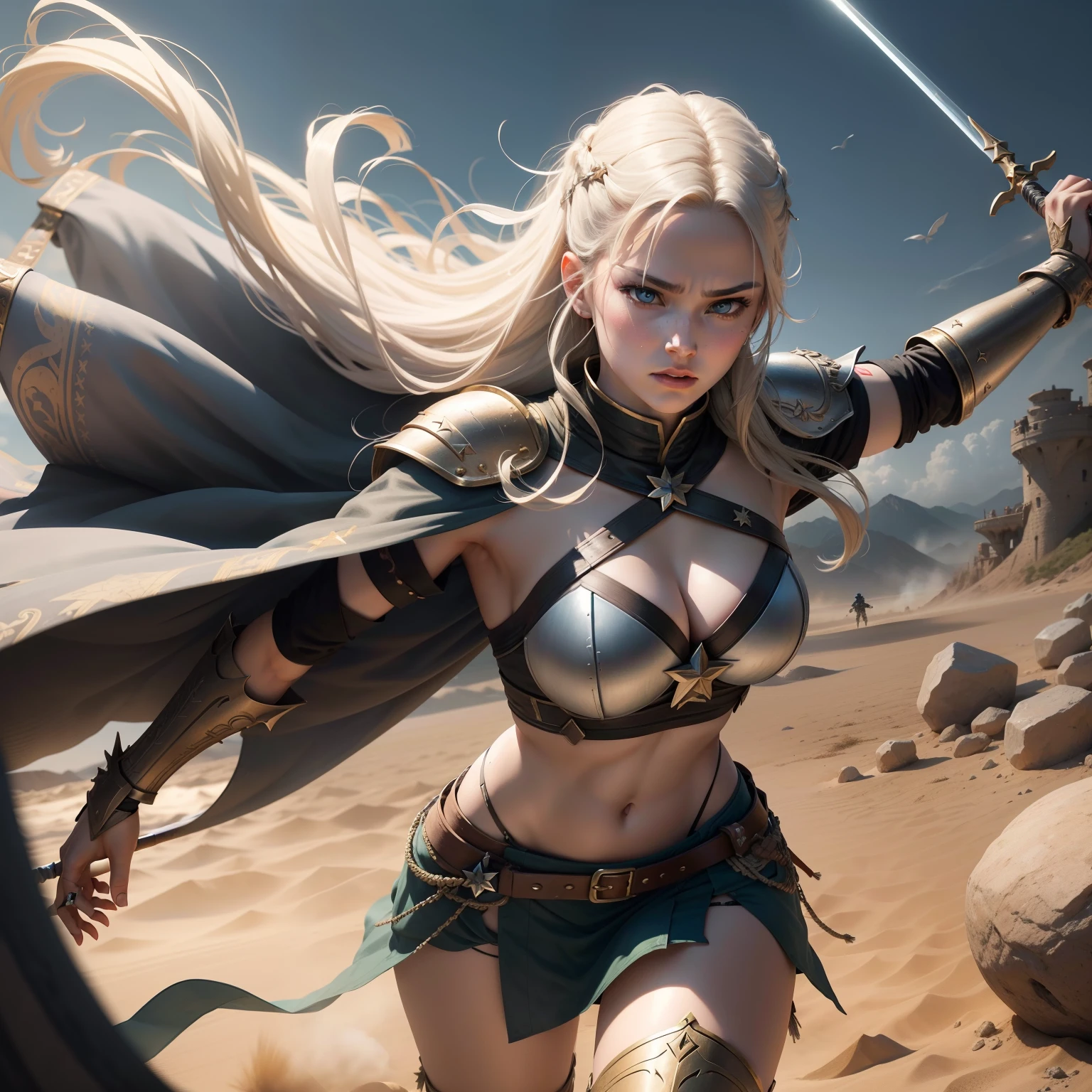 "General Elden Law Ring Broken Star,In the fierce battle of the Valkyries,Sand and gravel flying,smoke-filled,Swords interlaced,A well-figured Valkyrie leaps into the air。"