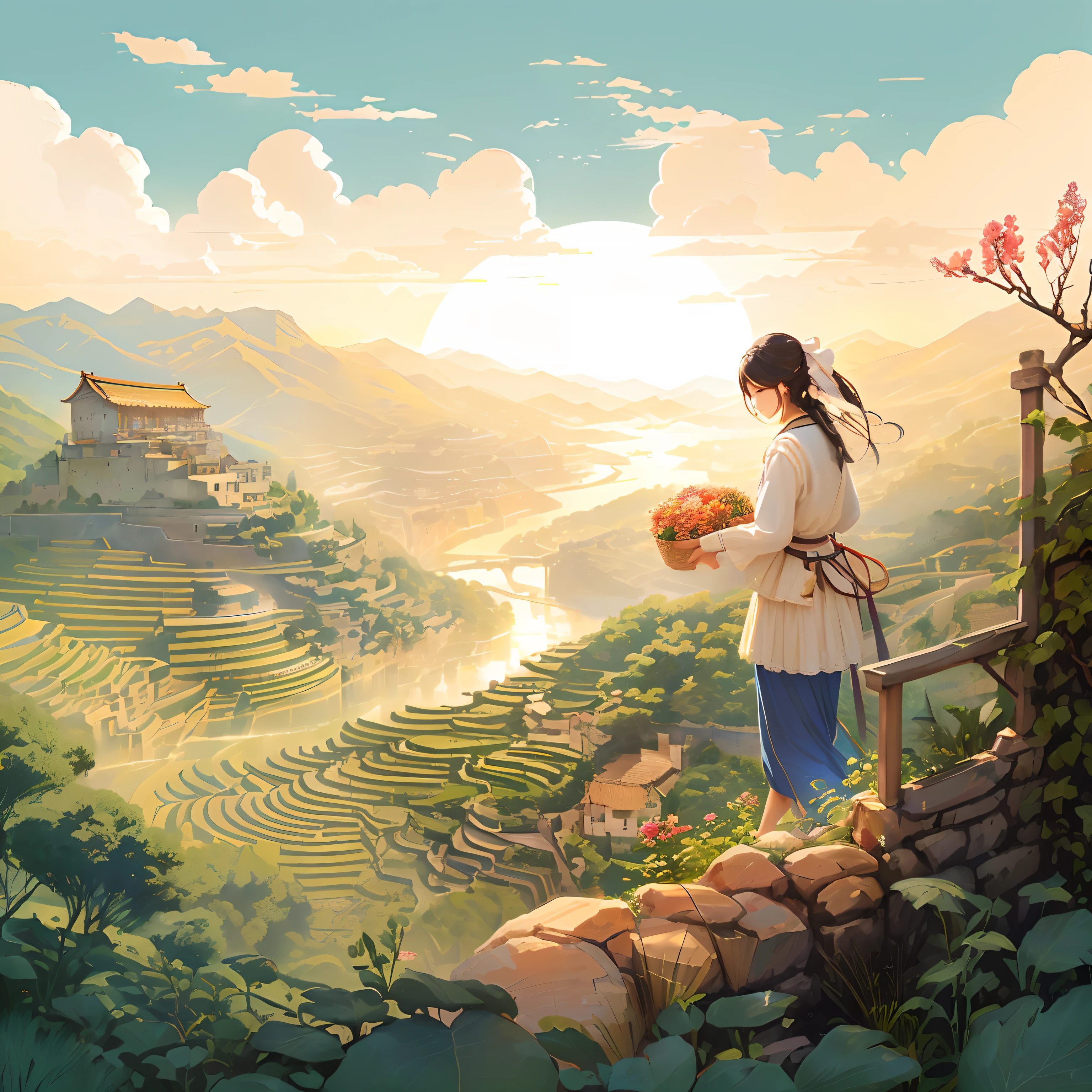 terraced, National style, Beautiful illustrations, 4K分辨率, Women in terraces, Elegant action, Back basket, Sunny weather, Glow, Mountains and rivers reflect each other, The sun is shining