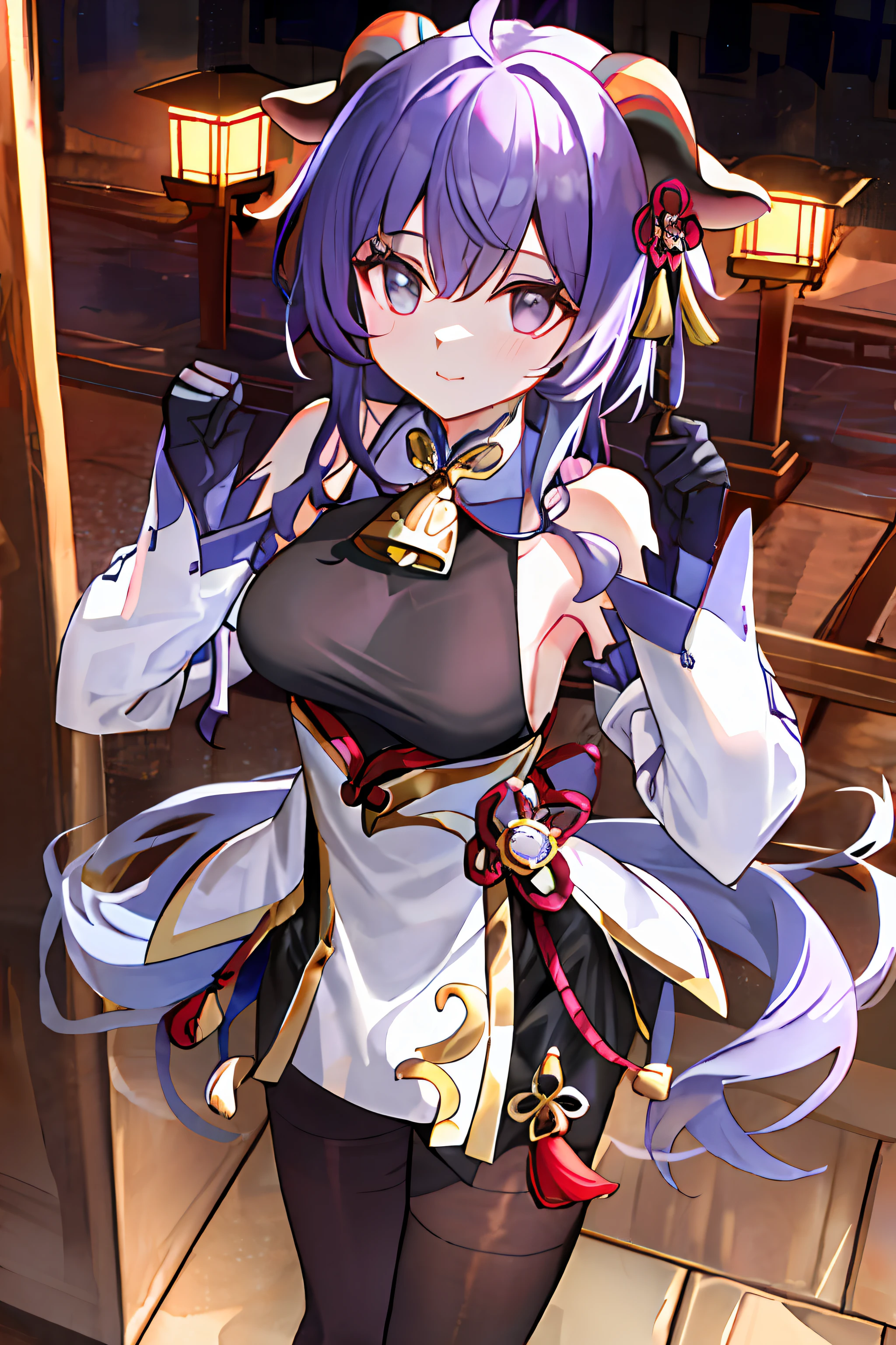 (Sweet rain), buliding, By bangs, cropped shoulders, bell, Black gloves, Black tights, Blushlush, Breasts, Chinese knot, the sleeve, east asian architecture, flower knot, mitts, cow horn, long whitr hair, looking at viewert, middlebreast, Neckbells, the night, exteriors, lacepantyhose, purpleeyes, Temple, Solo, nipple tassels, White sleeves,8K quality