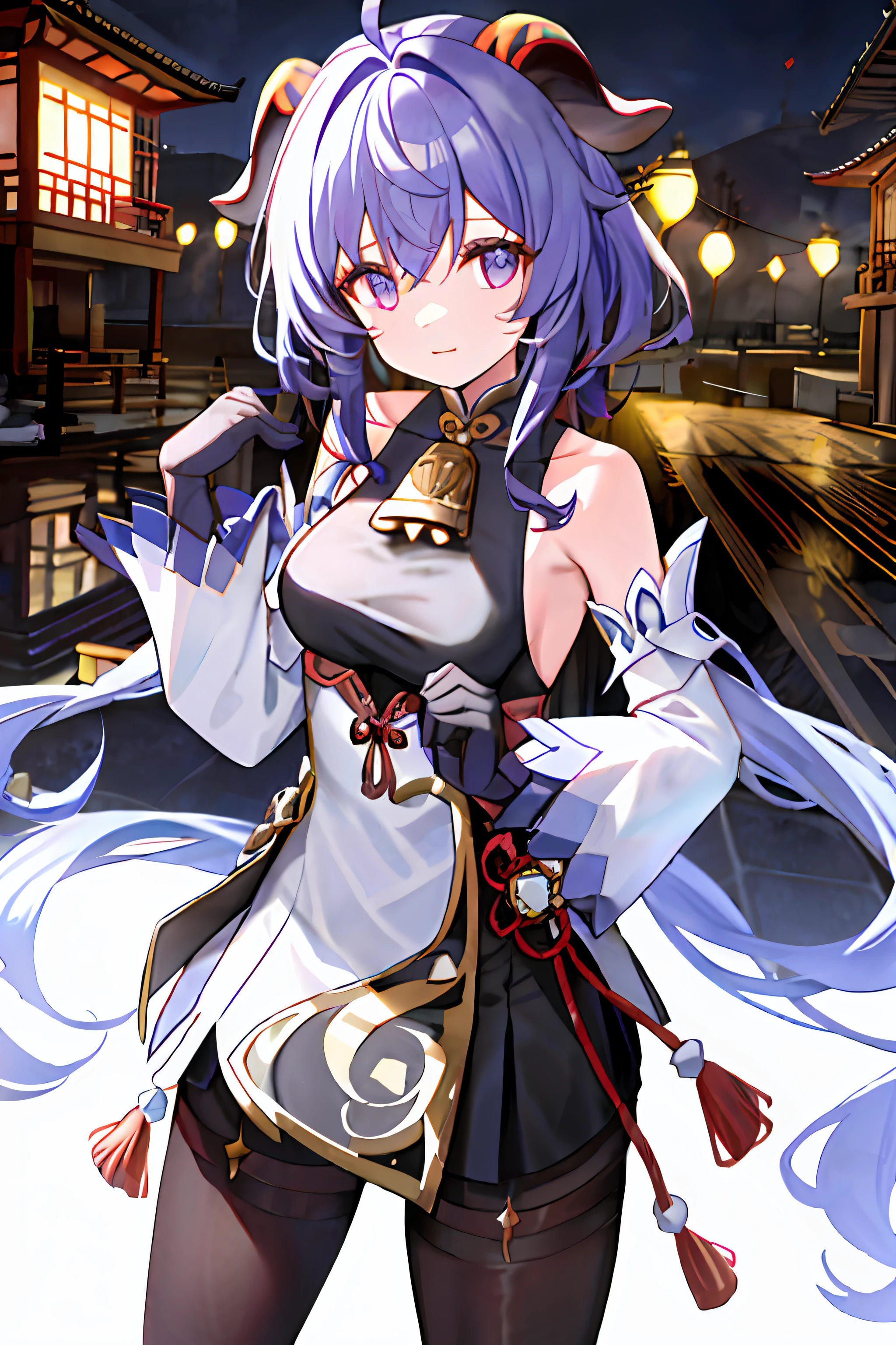 (Sweet rain), buliding, By bangs, cropped shoulders, bell, Black gloves, Black tights, Blushlush, Breasts, Chinese knot, the sleeve, east asian architecture, flower knot, mitts, cow horn, long whitr hair, looking at viewert, middlebreast, Neckbells, the night, exteriors, lacepantyhose, purpleeyes, Temple, Solo, nipple tassels, White sleeves,8K quality