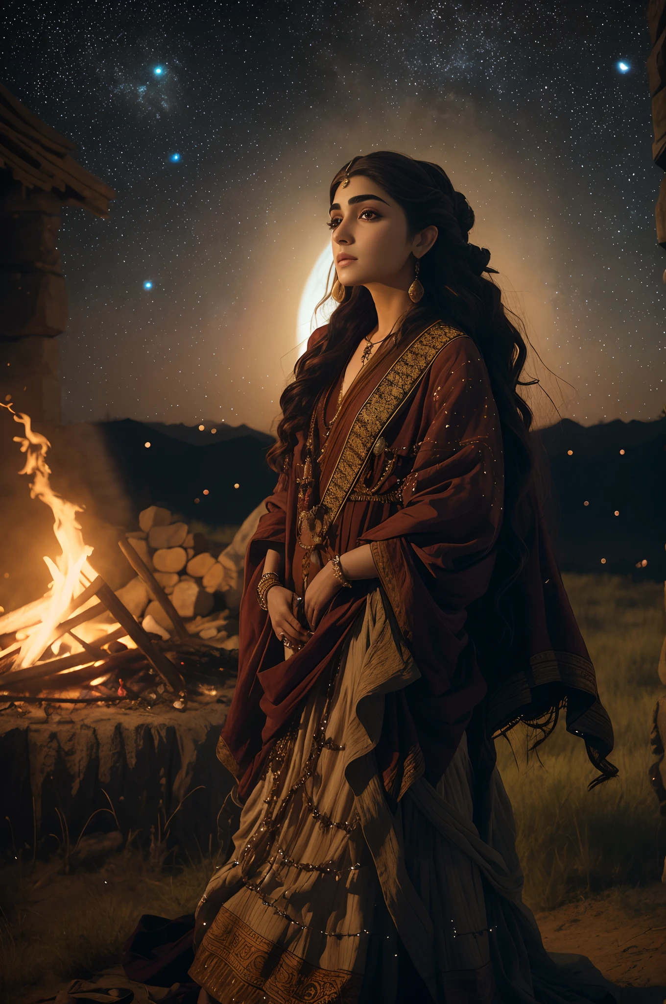 Painting of a brown gypsy woman in typical gypsy robes in front of a campfire with a night sky in the background, Maya Ali Feiticeira, Maya Ali como um Mago do Vento, Mahira Khan como um Mago, Maya Ali como um D&d feiticeiro, a young female shaman, she is dressed in shaman clothes, Maya Ali como uma feiticeira do vento, fantasy genre portrait, face bem definida