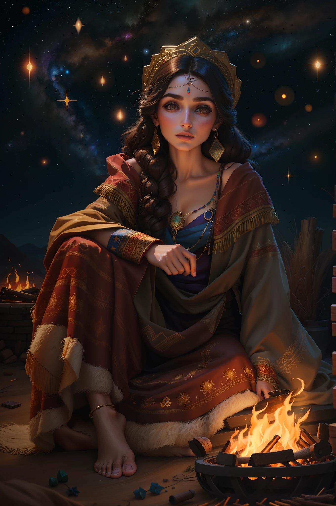 Painting of a gypsy brown woman in gypsy robes sitting in front of a fire with a night sky in the background, Maya Ali Feiticeira, Jen Bartel, Maya Ali como um D&d feiticeiro, estilo de arte de fantasia, holy fire spell art, stunning digital illustration, Maya Ali como um Mago, Beautiful digital illustration, Arte digital altamente detalhada em 4k, Arte digital detalhada em 4k