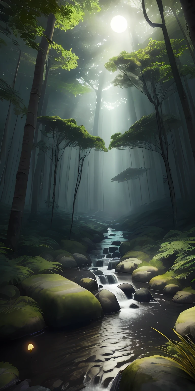 tmasterpiece,Best quality at best,(非常详细的 CG 统一 8k 壁纸),(Best quality at best),(The best illustrations),(The best shadow),Natural elements in the forest theme,Mysterious Forest,Beautiful forest,Clear creek,Stars of moonlight shine through the leaves,Dreamy and mysterious,great outdoors,Surrounded by flowers,Delicate leaves and branches are surrounded by fireflies(nature elements),(Jungle theme),(Foliage),(tree branch),(glowworm),(Particle effect)and other 3D, Octane rendering,Ray traching,Super meticulous --v6
