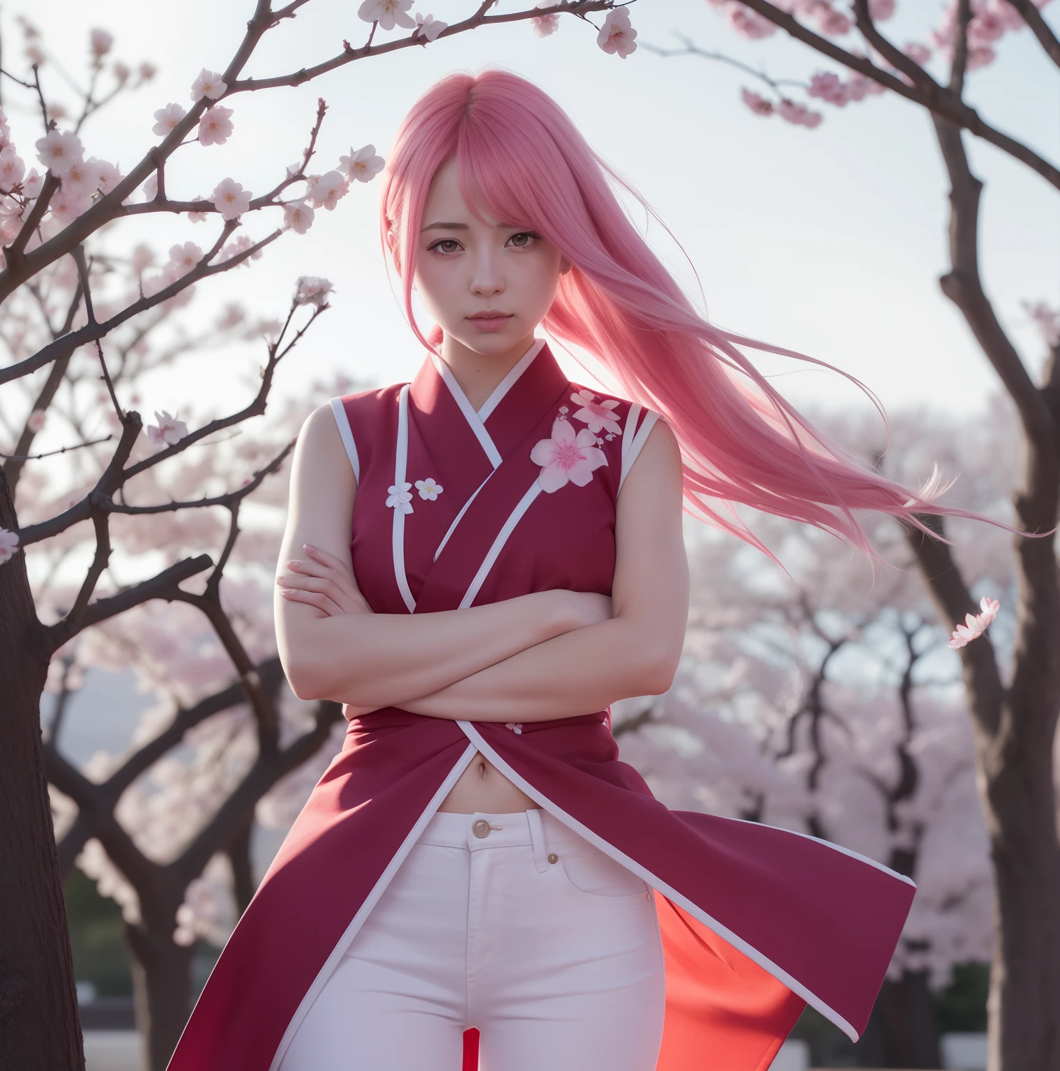 Sakura uchiha. A woman was standing with her arms folded across her chest. At a cherry blossom garden. He wore a red kimono with a white sleeveless line in it. Combined with white Levis pants. His skin is so white. She's wearing a silver bracelet. The long, pink hair was not pulled up by the wind. Her cheeks were rosy. She's so pretty and realistic