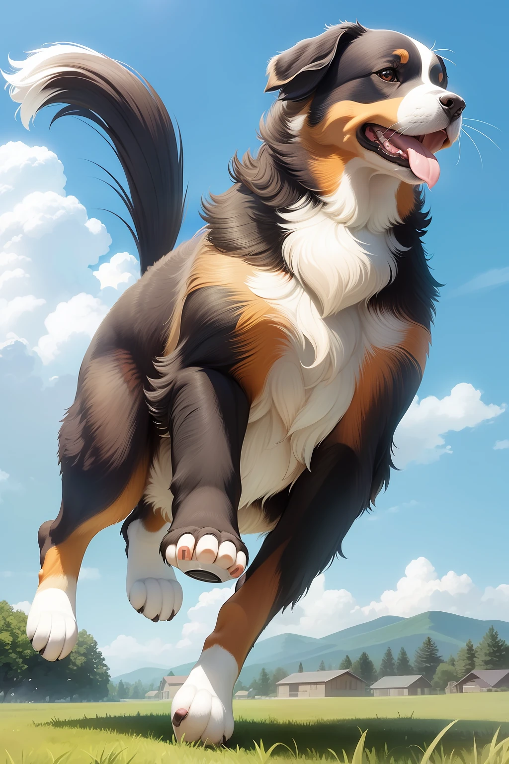 Home garden、blue-sky、Bernese Mountain Dog catching a Frisbee by jumping