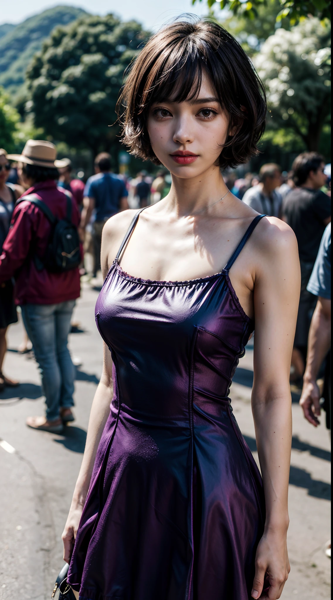 (1girl), Brazilian, solo, bob-short_hair, wearing(violet-minidress), photo(medium-shot), standing, (pov, blurry_background:1.5), background(morning, roadside, footpath, tree, crowd-of-people), natural-lighting, (photorealistic, absurdres, best_quality:1.55),