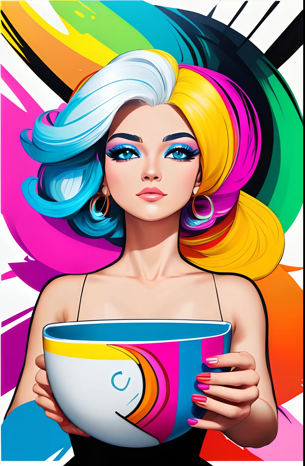 (UMA BELA MULHER ALBINA CABELOS CACHEADOS CABELOS ALBINO , Feliz, ORIGINAL WITH A NICE CUP OF COFFEE COMING OUT SMOKE IN YOUR HAND, Beautiful cup ,Coloridas ,pink and blue and yellow WRITTEN WE COOFFE IN THE CUP ),  Eduardo Kobra ,Romero Brito,The Filling Twins ,multidimensional geometric wall PORTRAIT, arte, Chibi,
Yang08k, lindo, Colouring,
Primary works, qualidade superior, melhor qualidade, Arte Oficial, Beautiful and Aesthetic, 128 mil
